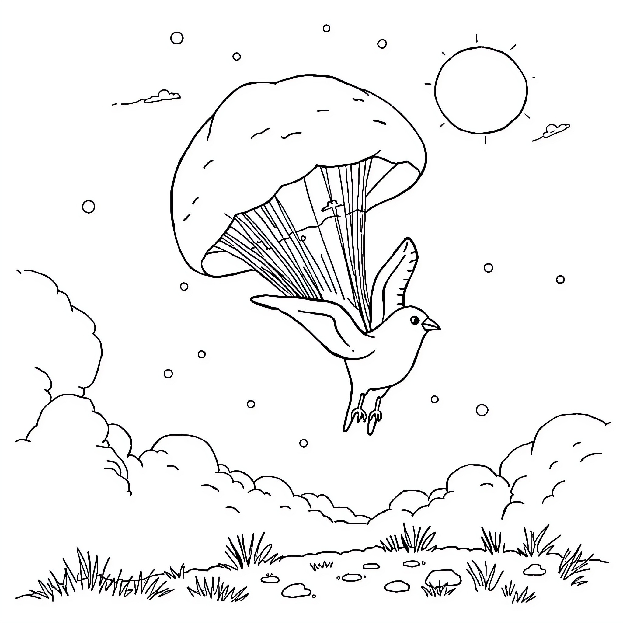 Caca bird soaring through the sky Coloring Page (free black-and-white line drawing printable PDF for all, from beginners to advanced learners, including children, teens, adults, and seniors)