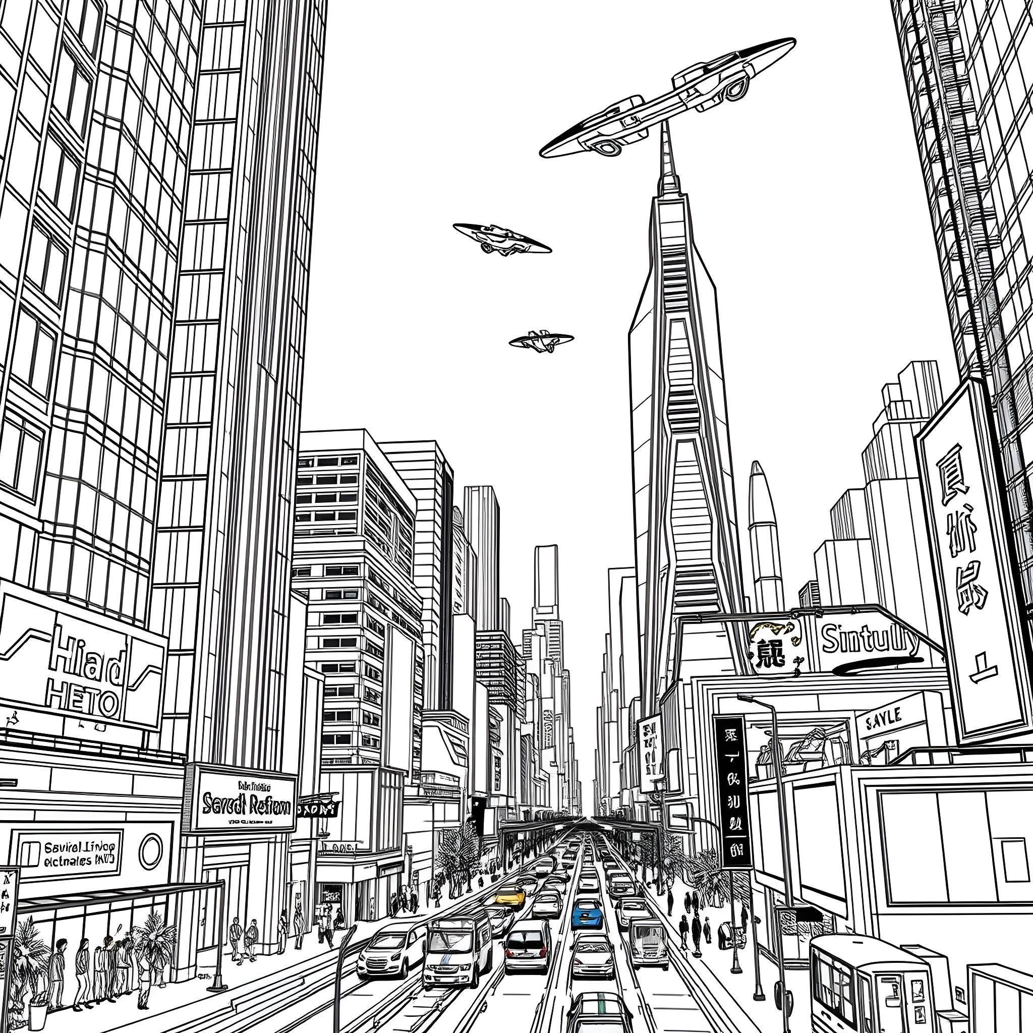 Futuristic Scene of a Bustling Metropolis with Hovering Spaceships Coloring Page (free black-and-white line drawing printable PDF for all, from beginners to advanced learners, including children, teens, adults, and seniors)