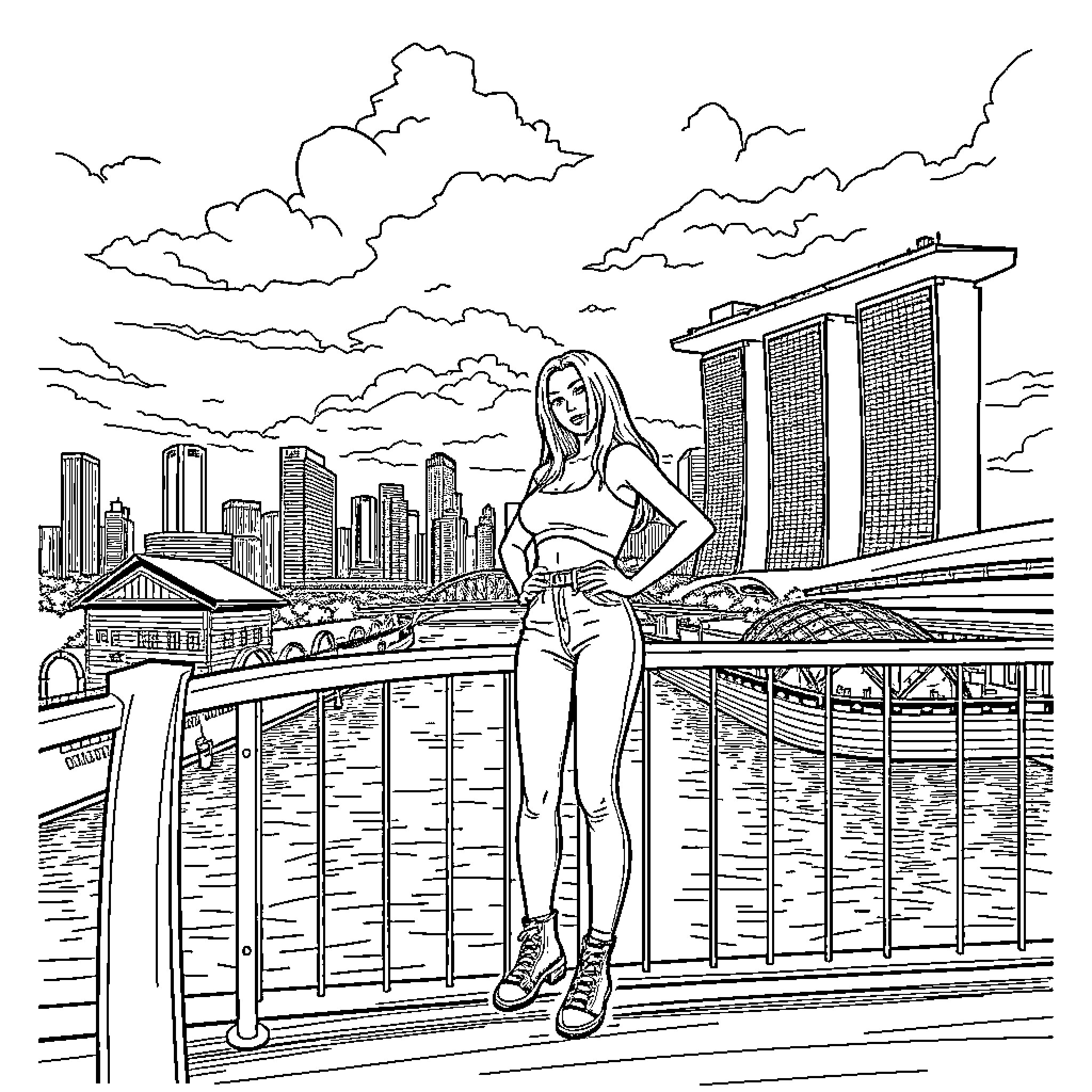 Lisa poses confidently in city landscape Coloring Page (free black-and-white line drawing printable PDF for all, from beginners to advanced learners, including children, teens, adults, and seniors)