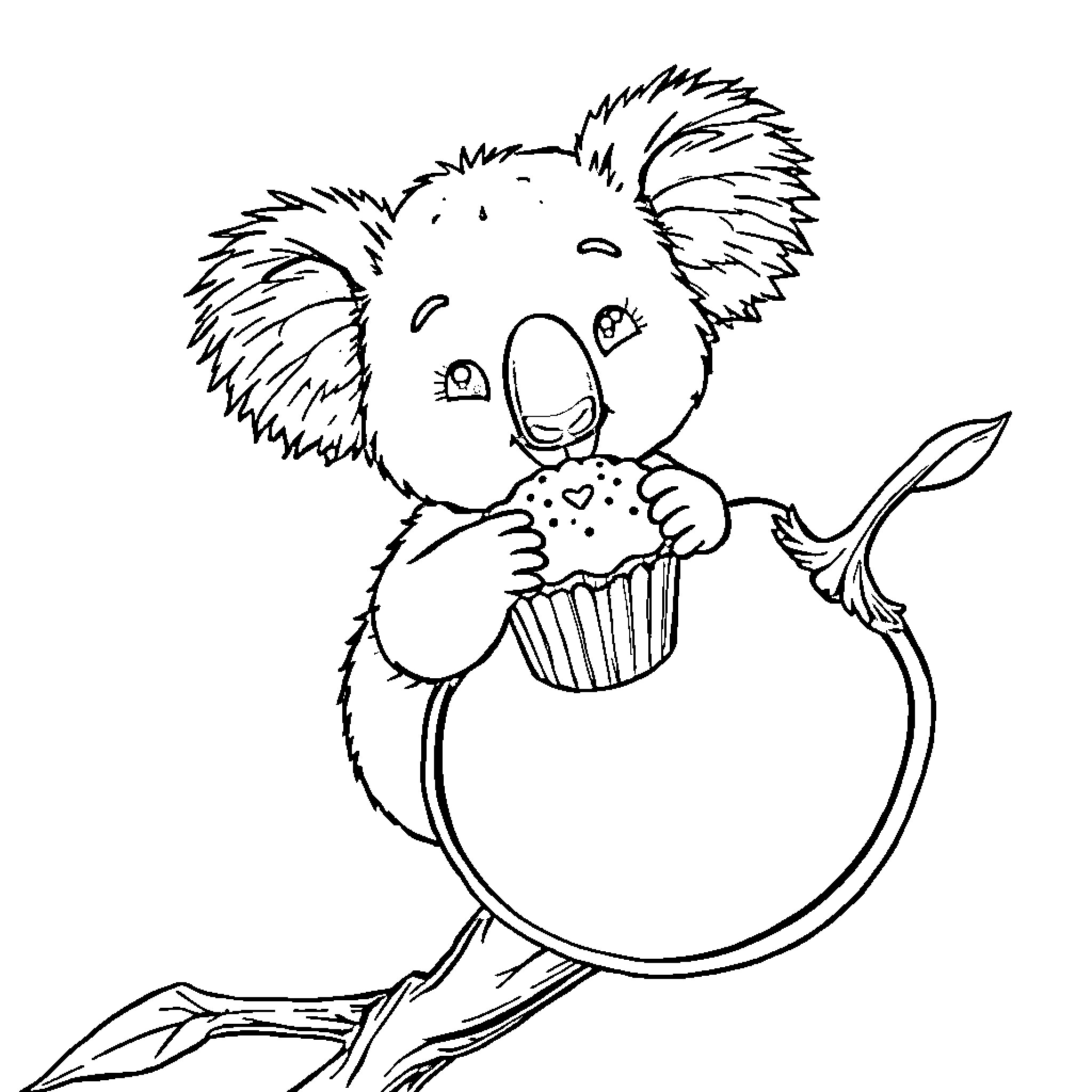 Koala enjoying a cupcake on a tree branch Coloring Page (free black-and-white line drawing printable PDF for all, from beginners to advanced learners, including children, teens, adults, and seniors)