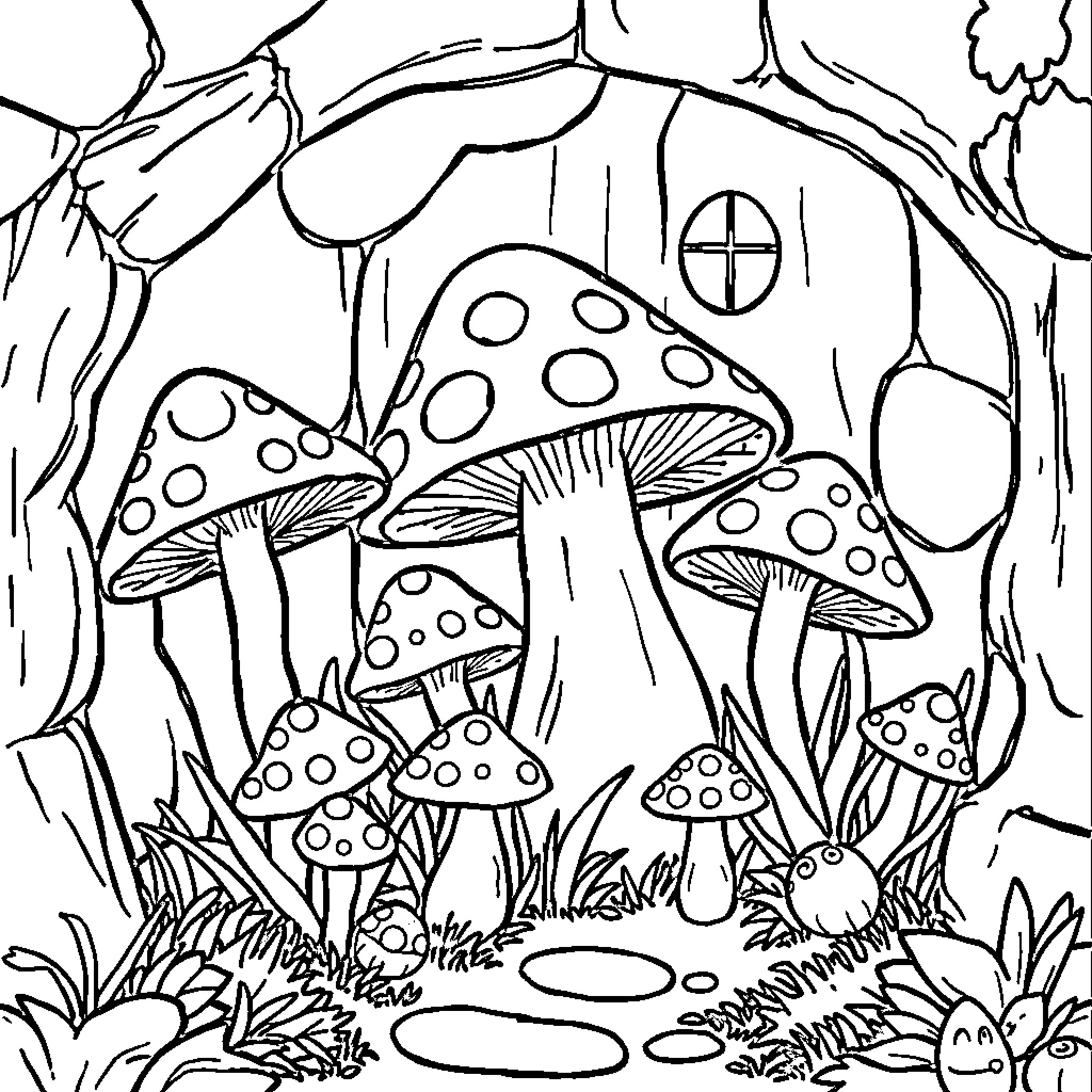Mushroom Forest Scene Coloring Page (free black-and-white line drawing printable PDF for all, from beginners to advanced learners, including children, teens, adults, and seniors)