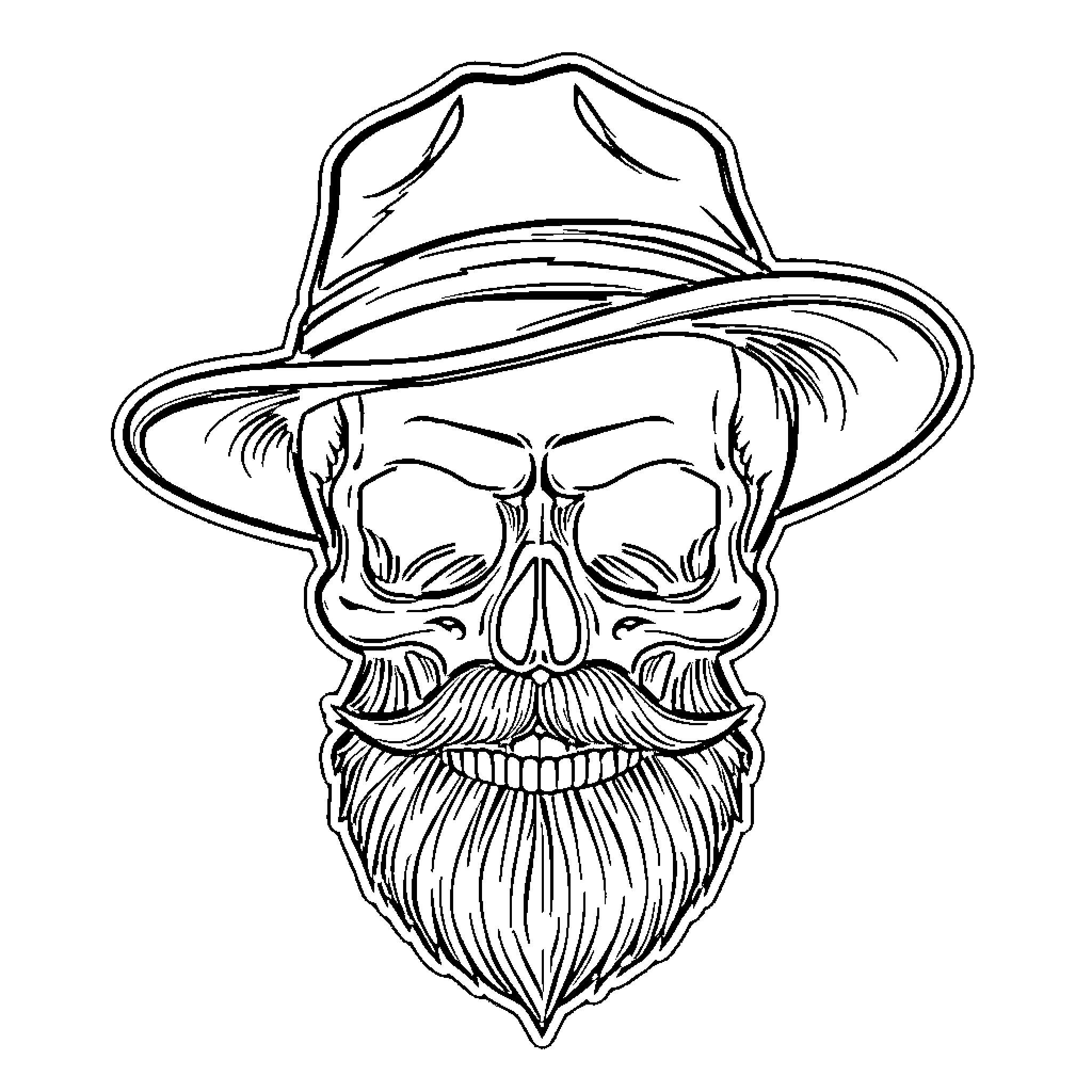 Skull with Mustached Bearded Man Wearing Hat Coloring Page (free black-and-white line drawing printable PDF for all, from beginners to advanced learners, including children, teens, adults, and seniors)