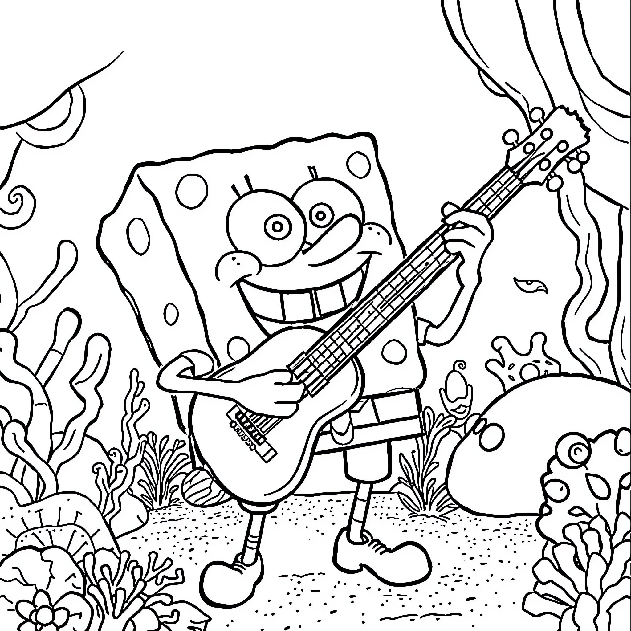 Spongebob playing guitar in the underwater world Coloring Page (free black-and-white line drawing printable PDF for all, from beginners to advanced learners, including children, teens, adults, and seniors)