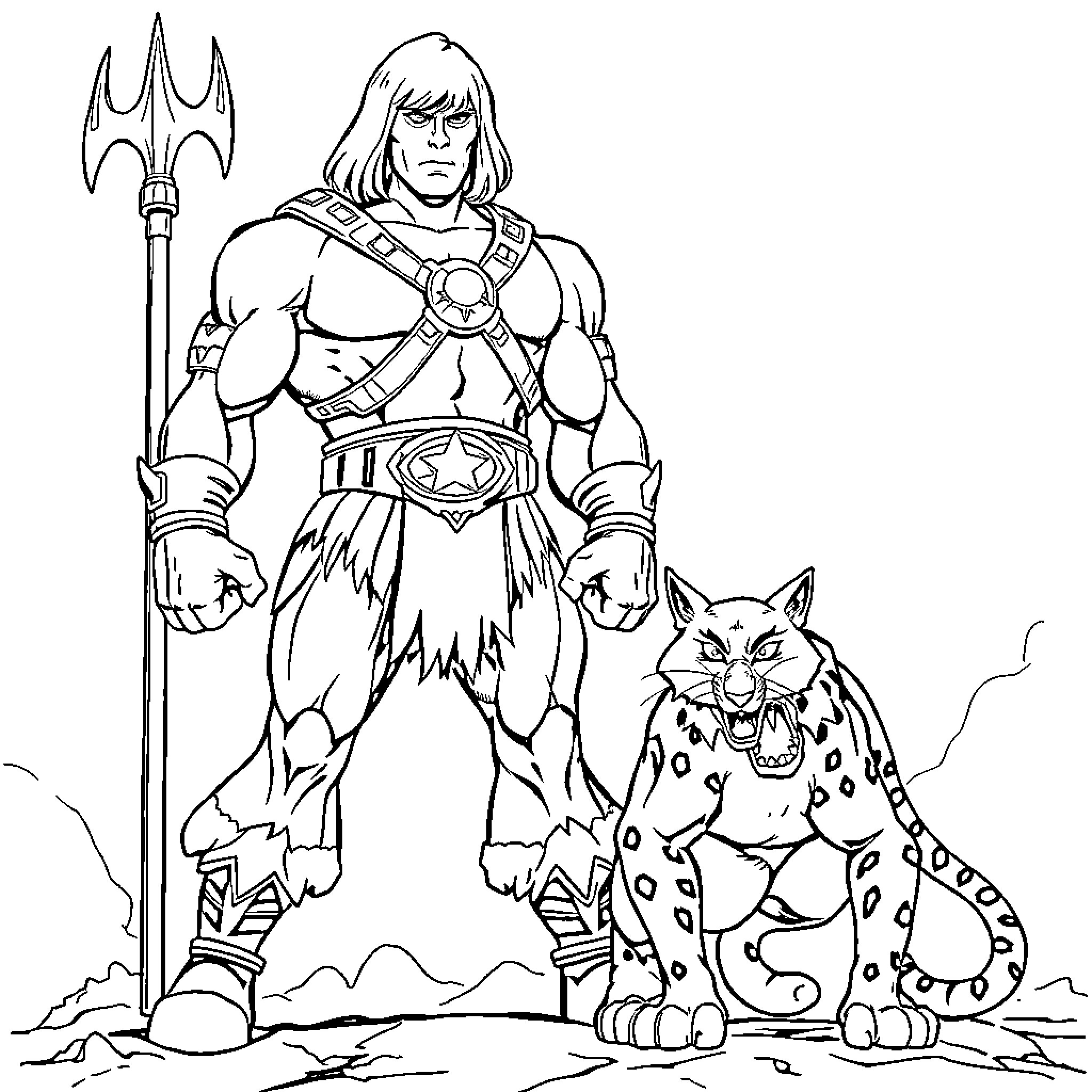 He-Man poses heroically with his battle cat Coloring Page (free black-and-white line drawing printable PDF for all, from beginners to advanced learners, including children, teens, adults, and seniors)