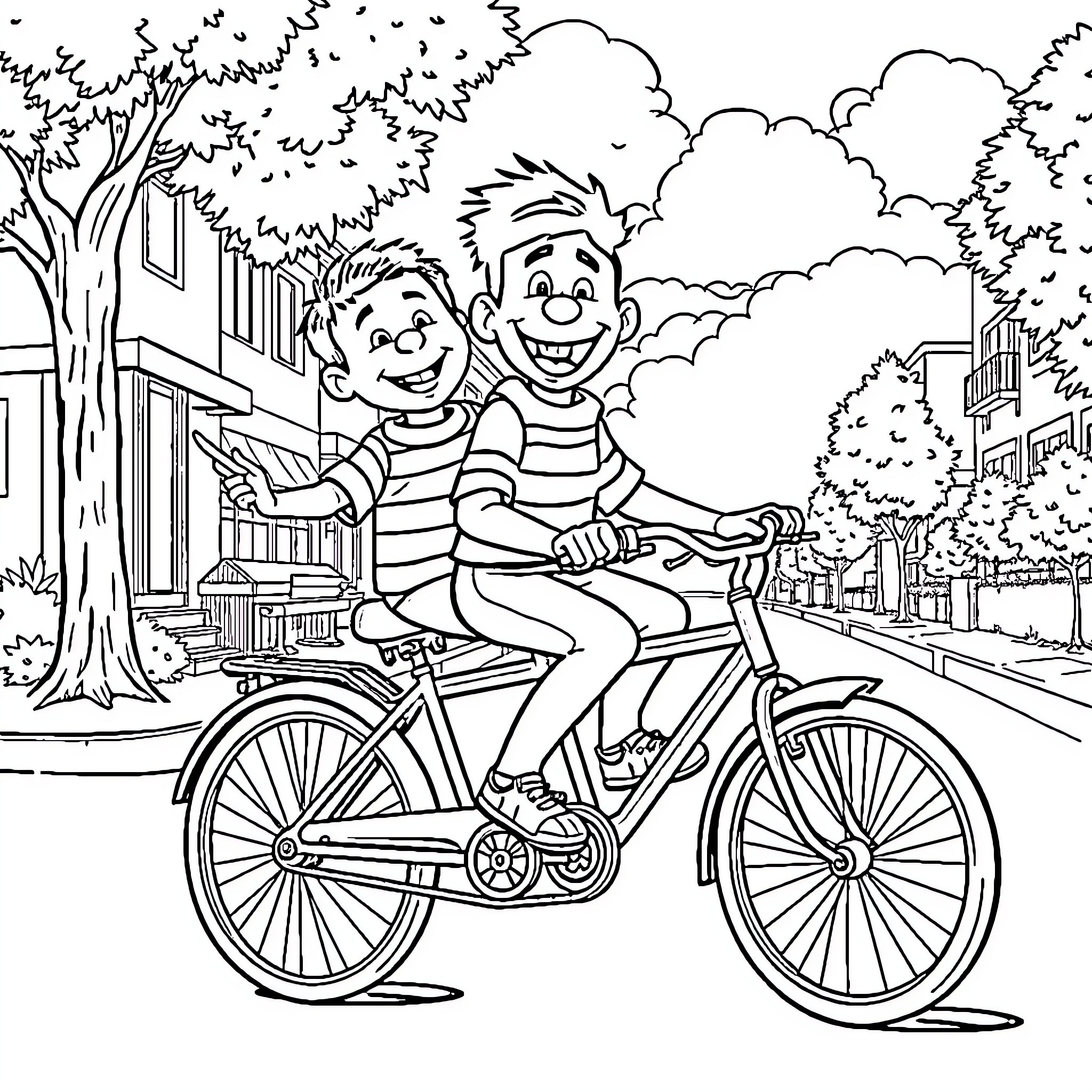 Burt and Ernie riding bicycles through a town Coloring Page (free black-and-white line drawing printable PDF for all, from beginners to advanced learners, including children, teens, adults, and seniors)