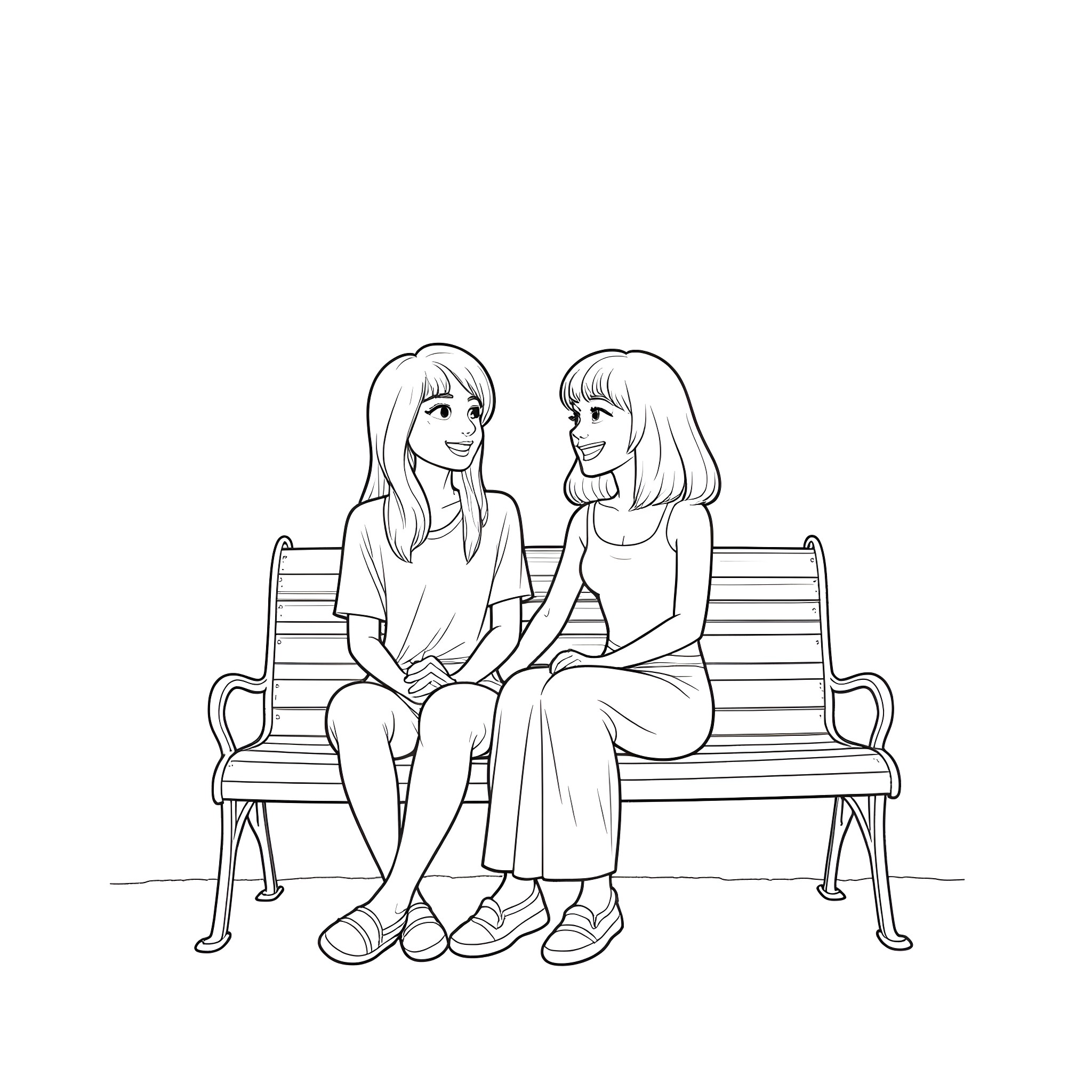 Daria and Jane enjoying a casual conversation on a park bench Coloring Page (free black-and-white line drawing printable PDF for all, from beginners to advanced learners, including children, teens, adults, and seniors)
