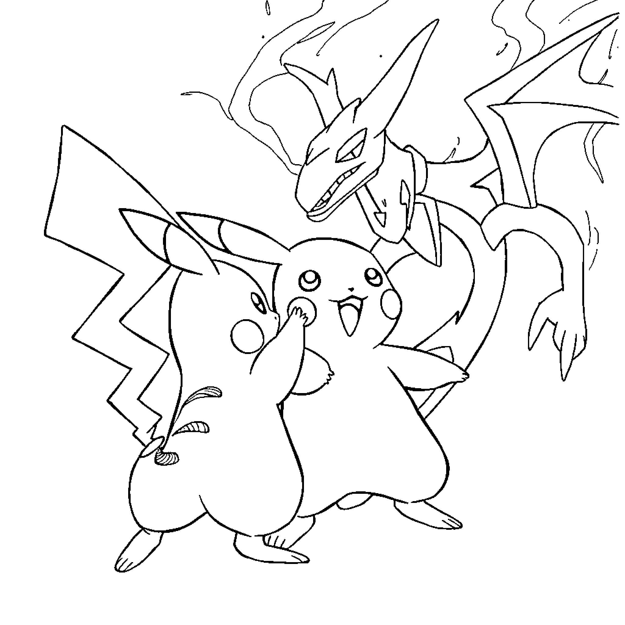 Pikachu facing a fierce dragon creature Coloring Page (free black-and-white line drawing printable PDF for all, from beginners to advanced learners, including children, teens, adults, and seniors)