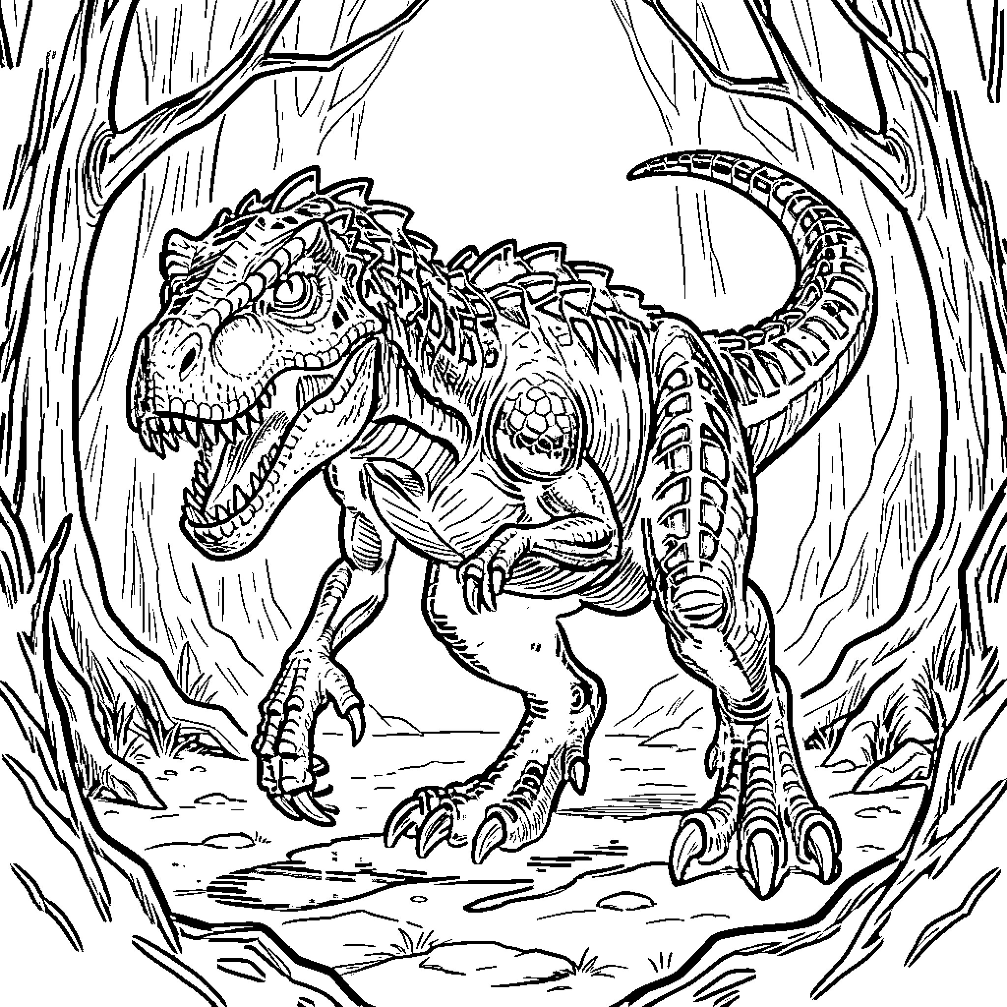 Indoraptor stalking through the jungle Coloring Page (free black-and-white line drawing printable PDF for all, from beginners to advanced learners, including children, teens, adults, and seniors)