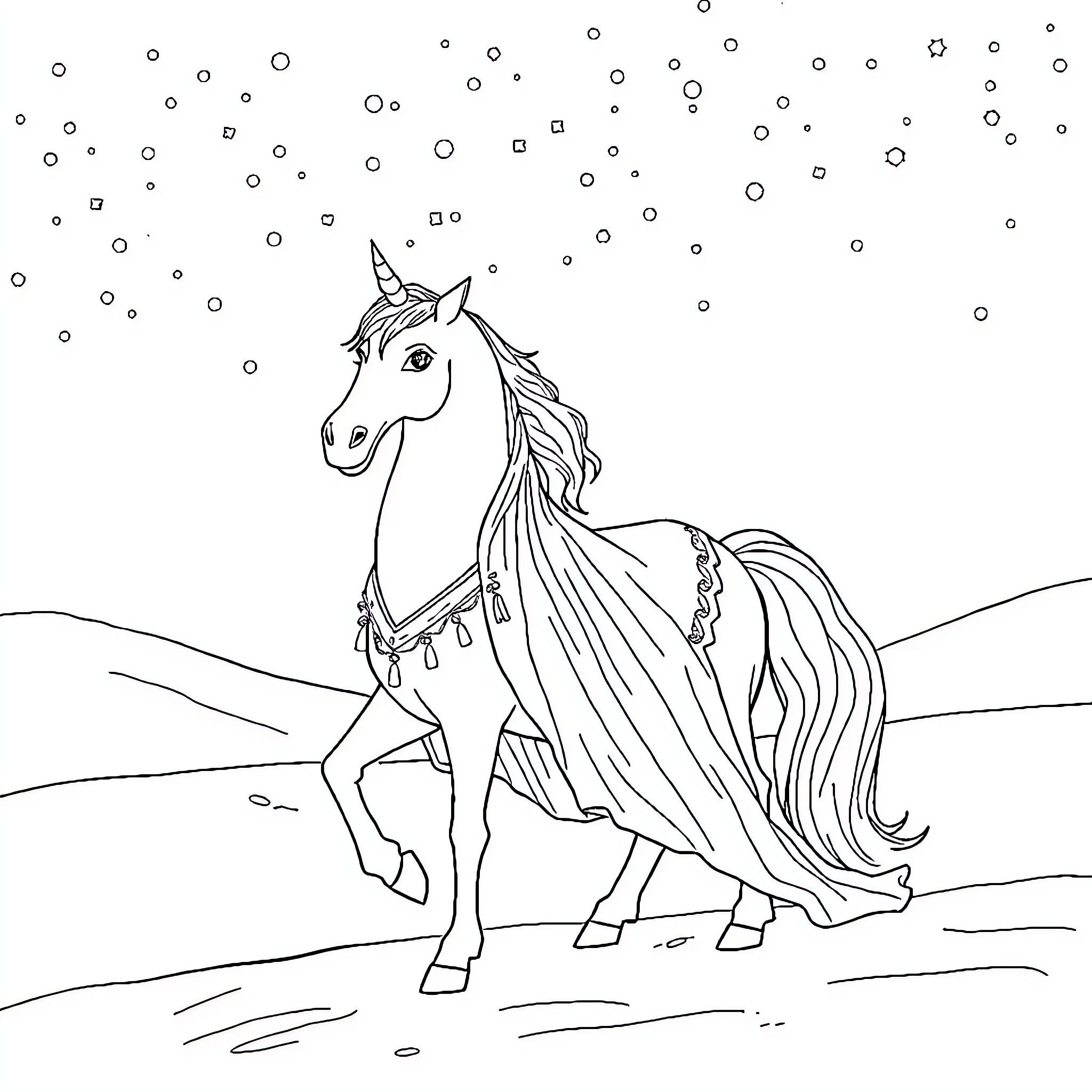 Queen's Magical Unicorn Stroll in the Snow Coloring Page (free black-and-white line drawing printable PDF for all, from beginners to advanced learners, including children, teens, adults, and seniors)