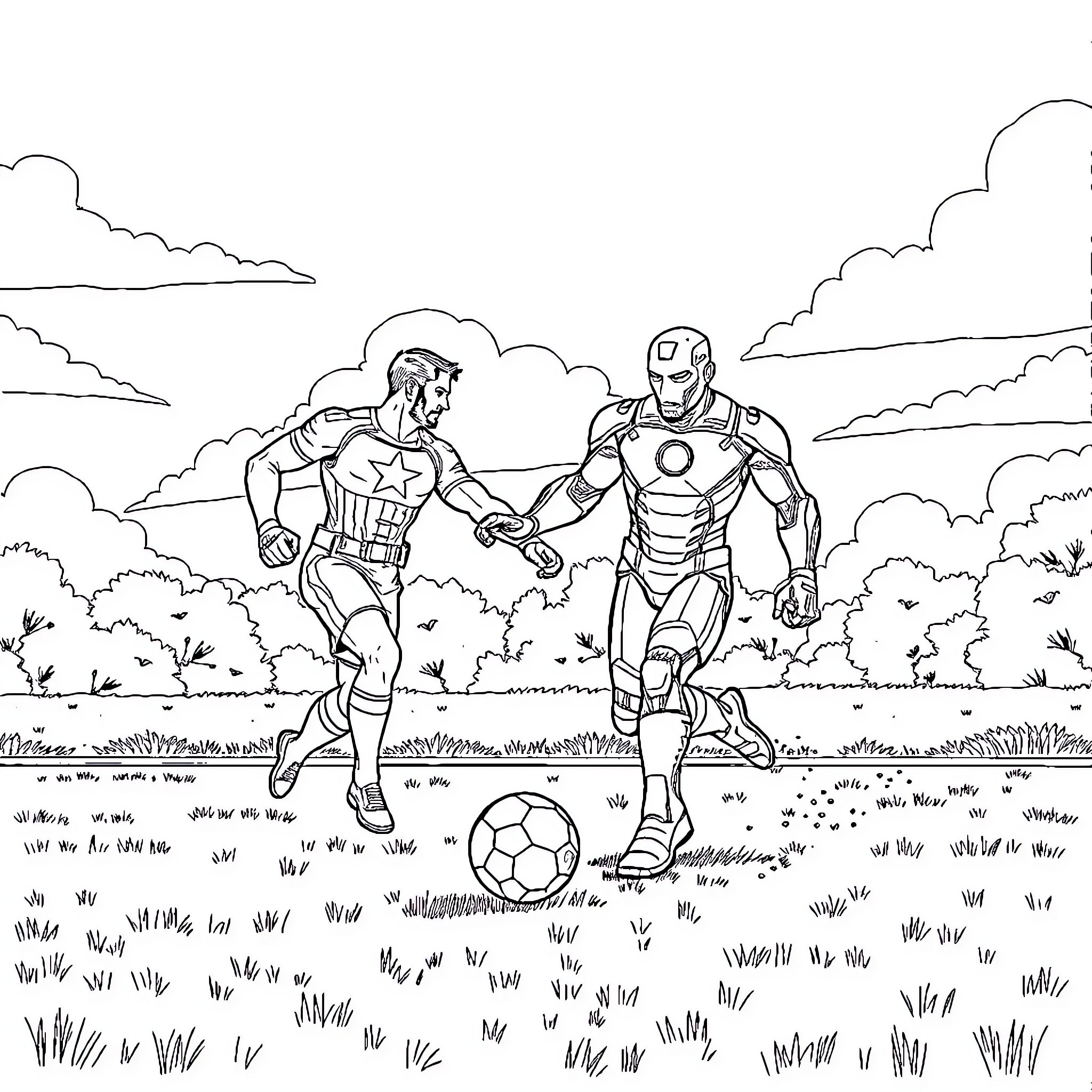 Captain America and Iron Man playing soccer in the park Coloring Page (free black-and-white line drawing printable PDF for all, from beginners to advanced learners, including children, teens, adults, and seniors)