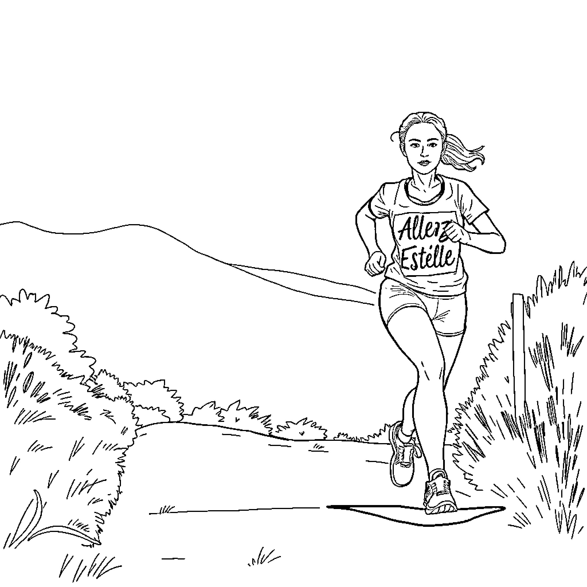 Fille Jogging in Nature Coloring Page (free black-and-white line drawing printable PDF for all, from beginners to advanced learners, including children, teens, adults, and seniors)