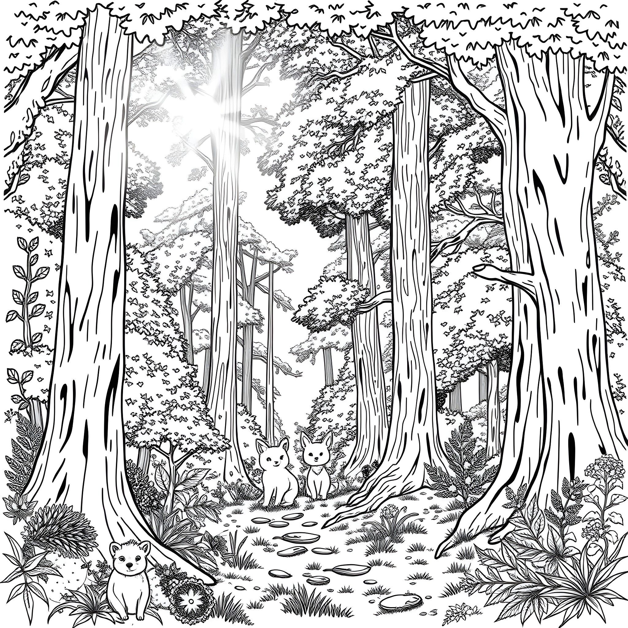 Forest Scene with Animals and Sunlight Coloring Page (free black-and-white line drawing printable PDF for all, from beginners to advanced learners, including children, teens, adults, and seniors)