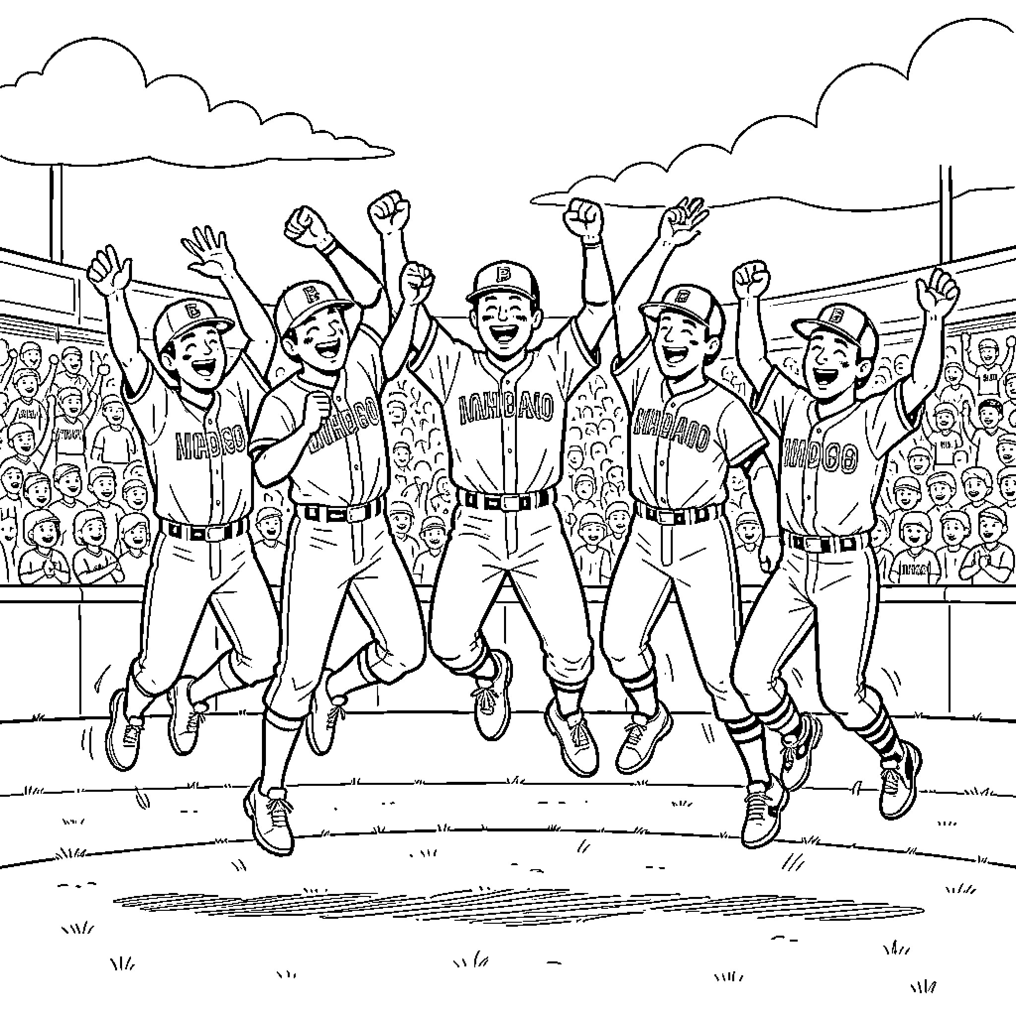 Baseball Players Celebrating on the Field Coloring Page (free black-and-white line drawing printable PDF for all, from beginners to advanced learners, including children, teens, adults, and seniors)