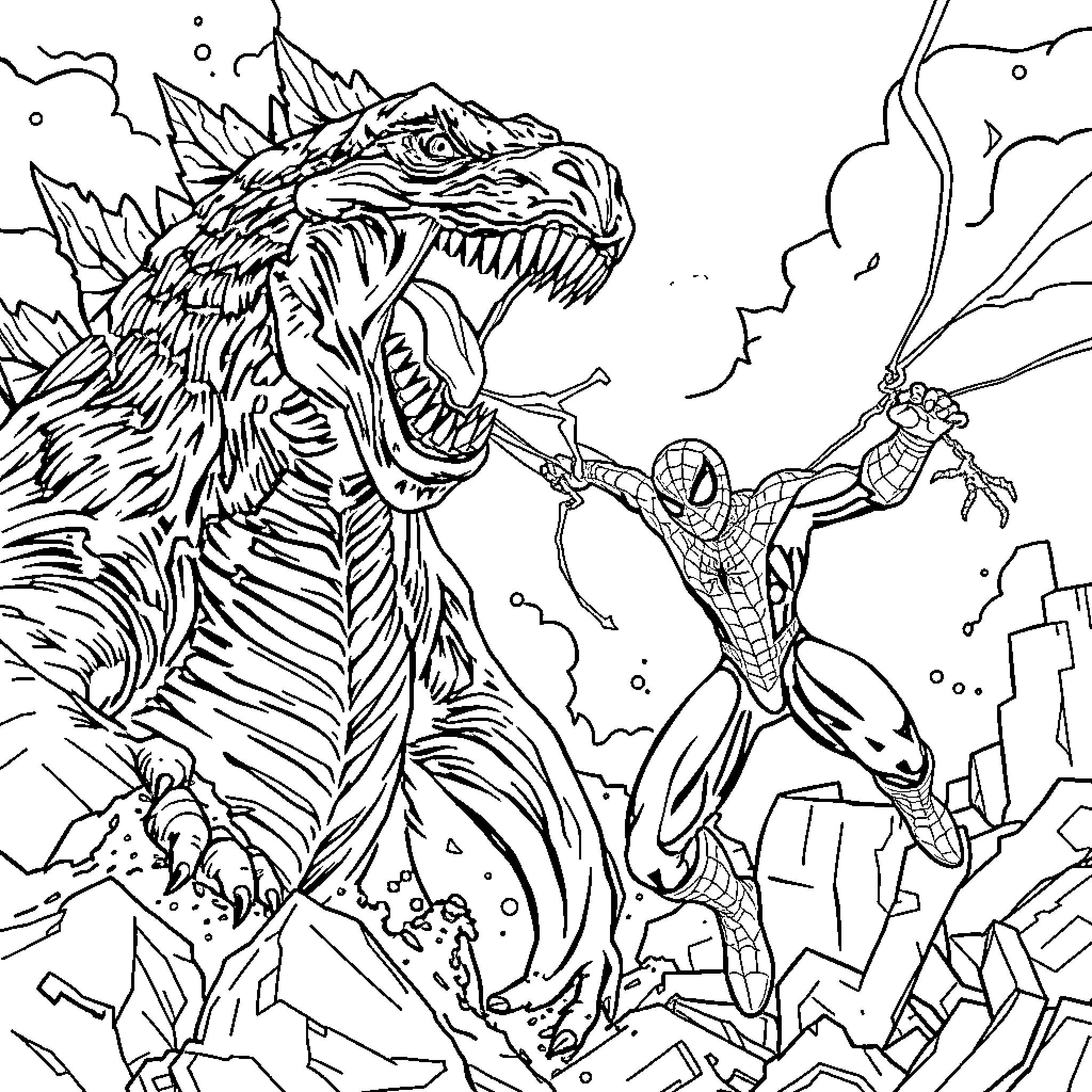 Godzilla battling Spider-Man in an epic showdown Coloring Page (free black-and-white line drawing printable PDF for all, from beginners to advanced learners, including children, teens, adults, and seniors)