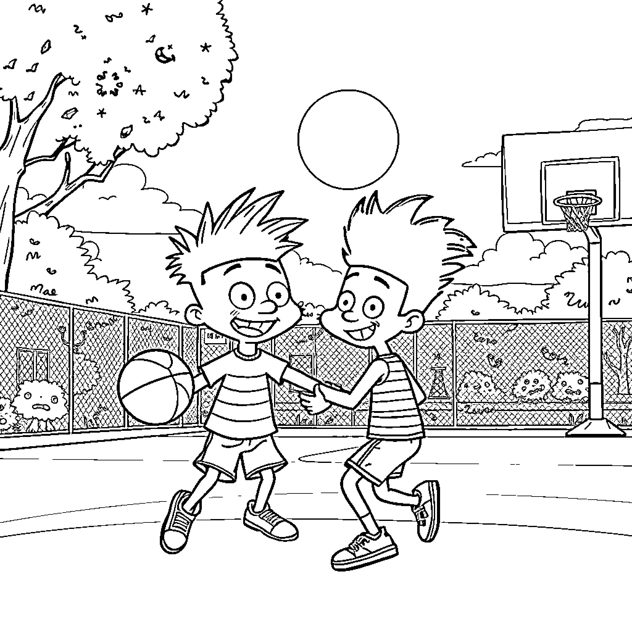 Hey Arnold Enjoying Friendly Basketball Game Outdoors Coloring Page (free black-and-white line drawing printable PDF for all, from beginners to advanced learners, including children, teens, adults, and seniors)