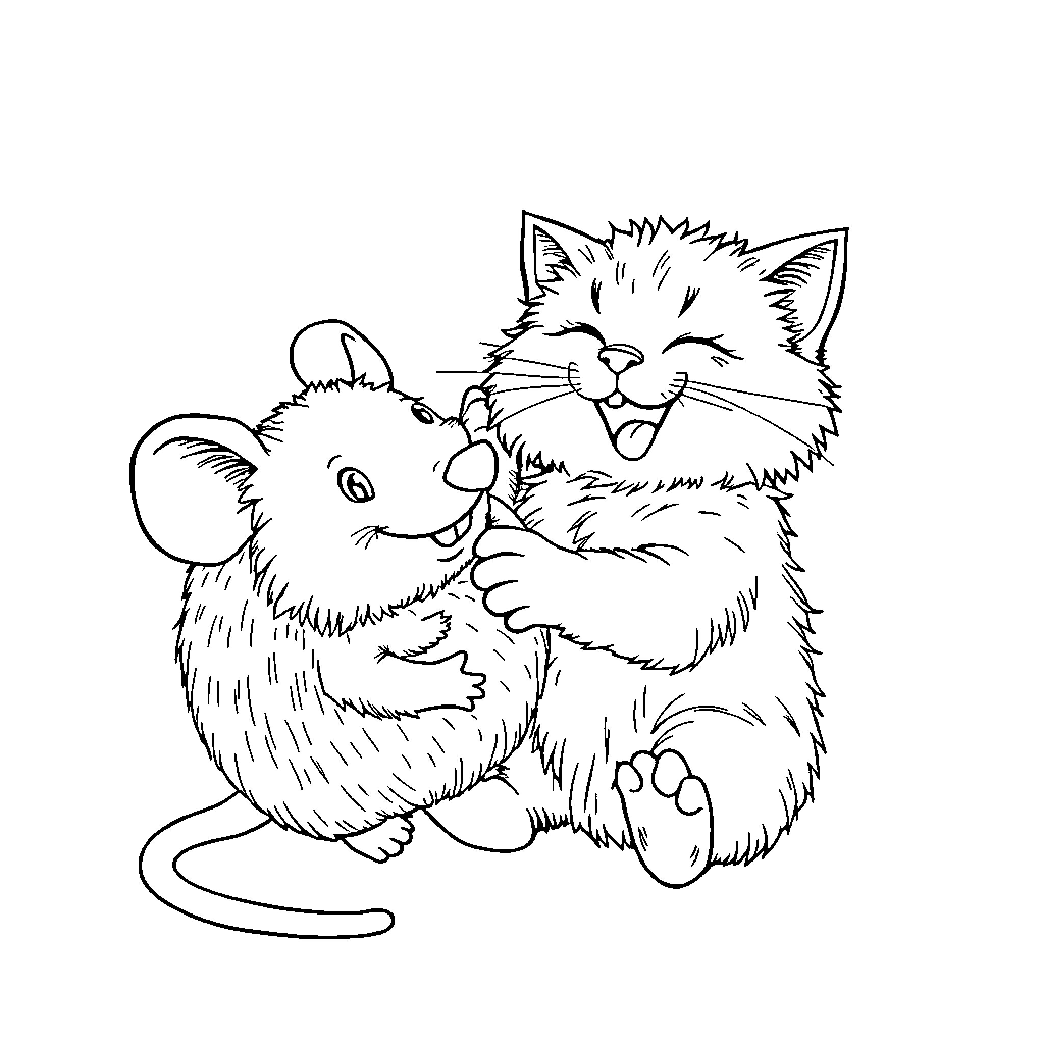 Cat and Mouse Playing Happily Together Coloring Page (free black-and-white line drawing printable PDF for all, from beginners to advanced learners, including children, teens, adults, and seniors)