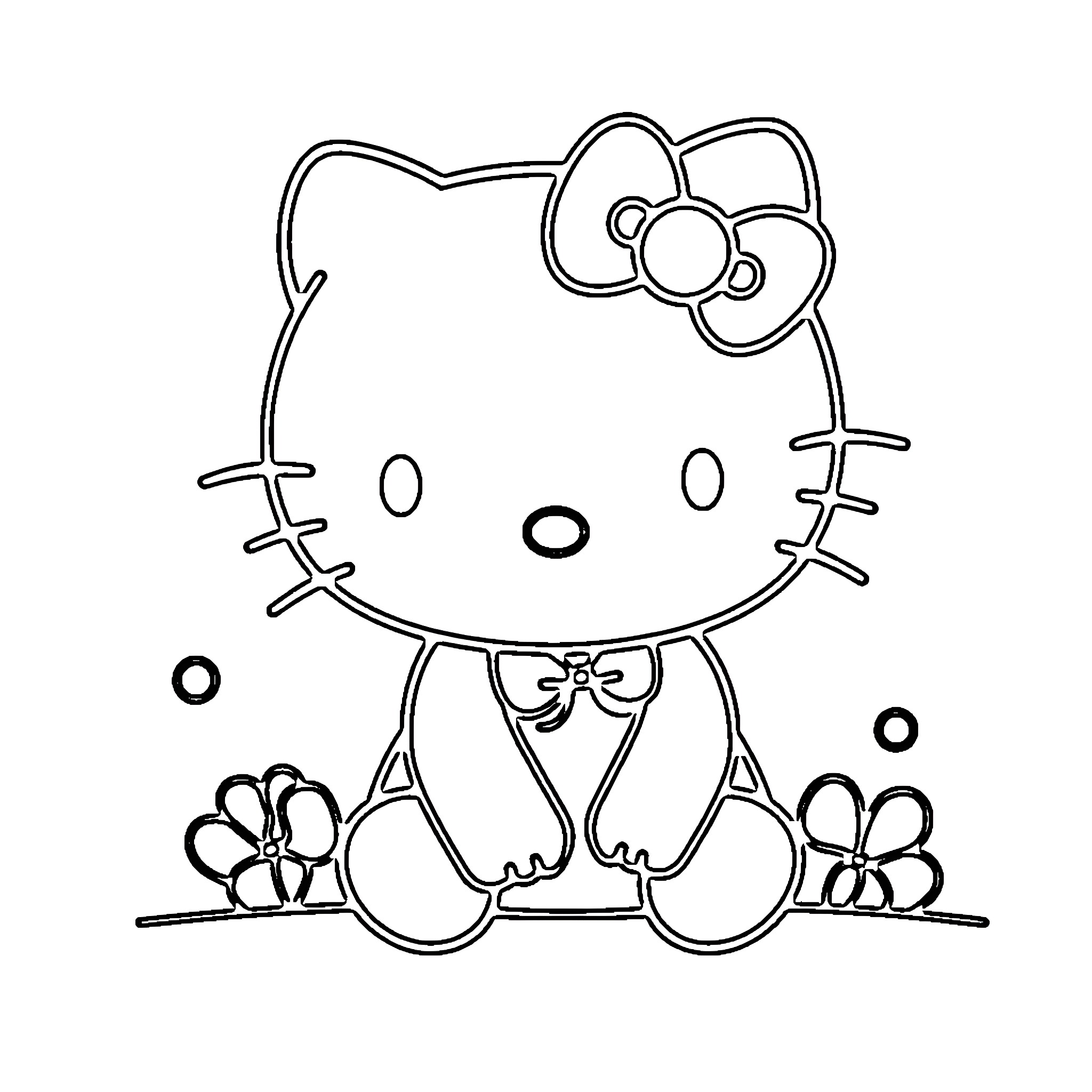 Hello Kitty sitting with flowers Coloring Page (free black-and-white line drawing printable PDF for all, from beginners to advanced learners, including children, teens, adults, and seniors)