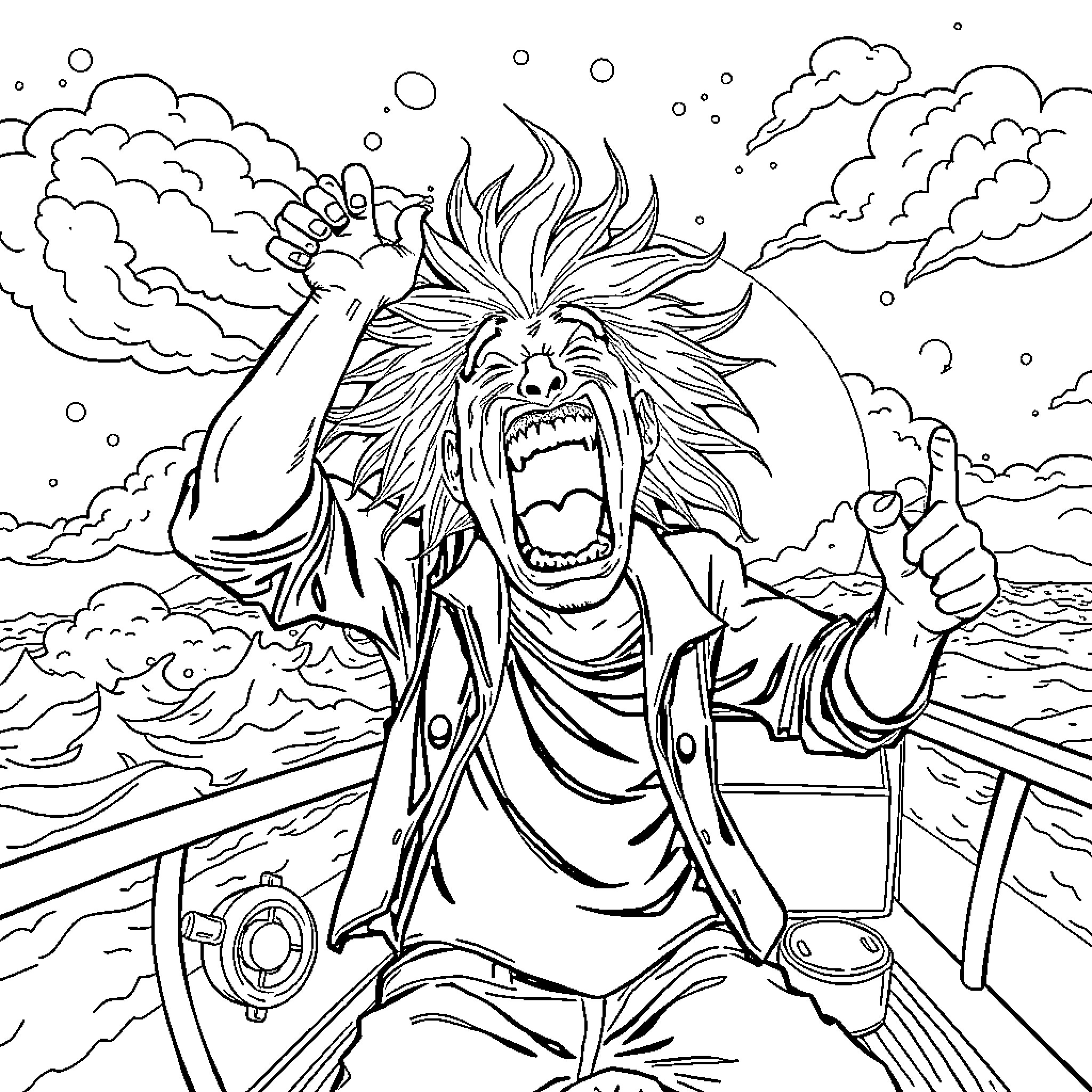Slob screaming wildly on a stormy sea Coloring Page (free black-and-white line drawing printable PDF for all, from beginners to advanced learners, including children, teens, adults, and seniors)