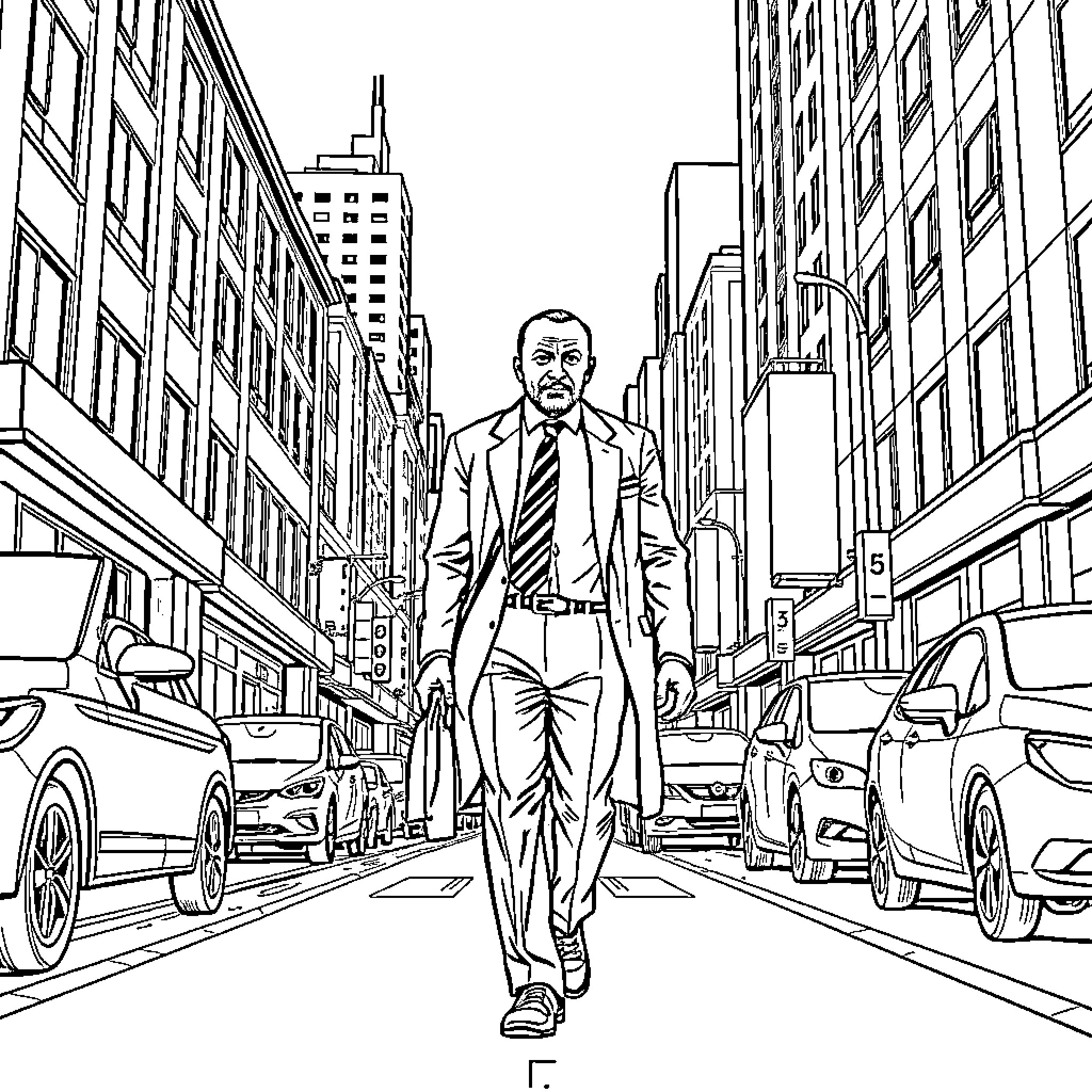 Governor Walks Confidently Through City Streets Coloring Page (free black-and-white line drawing printable PDF for all, from beginners to advanced learners, including children, teens, adults, and seniors)