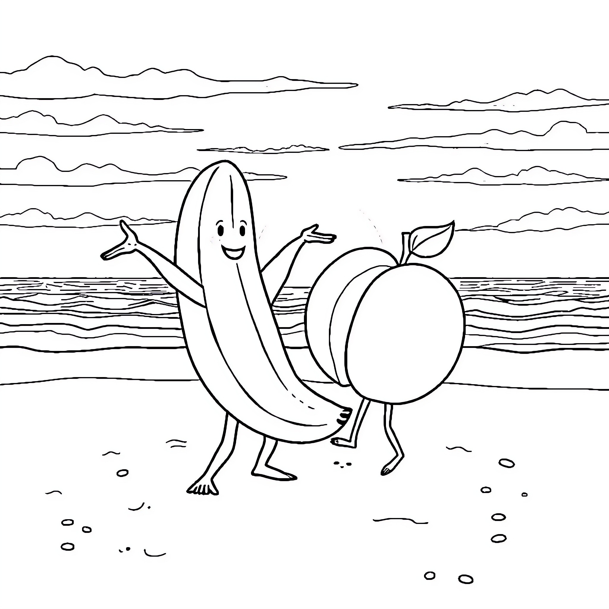 Banana friends having fun on the beach Coloring Page (free black-and-white line drawing printable PDF for all, from beginners to advanced learners, including children, teens, adults, and seniors)