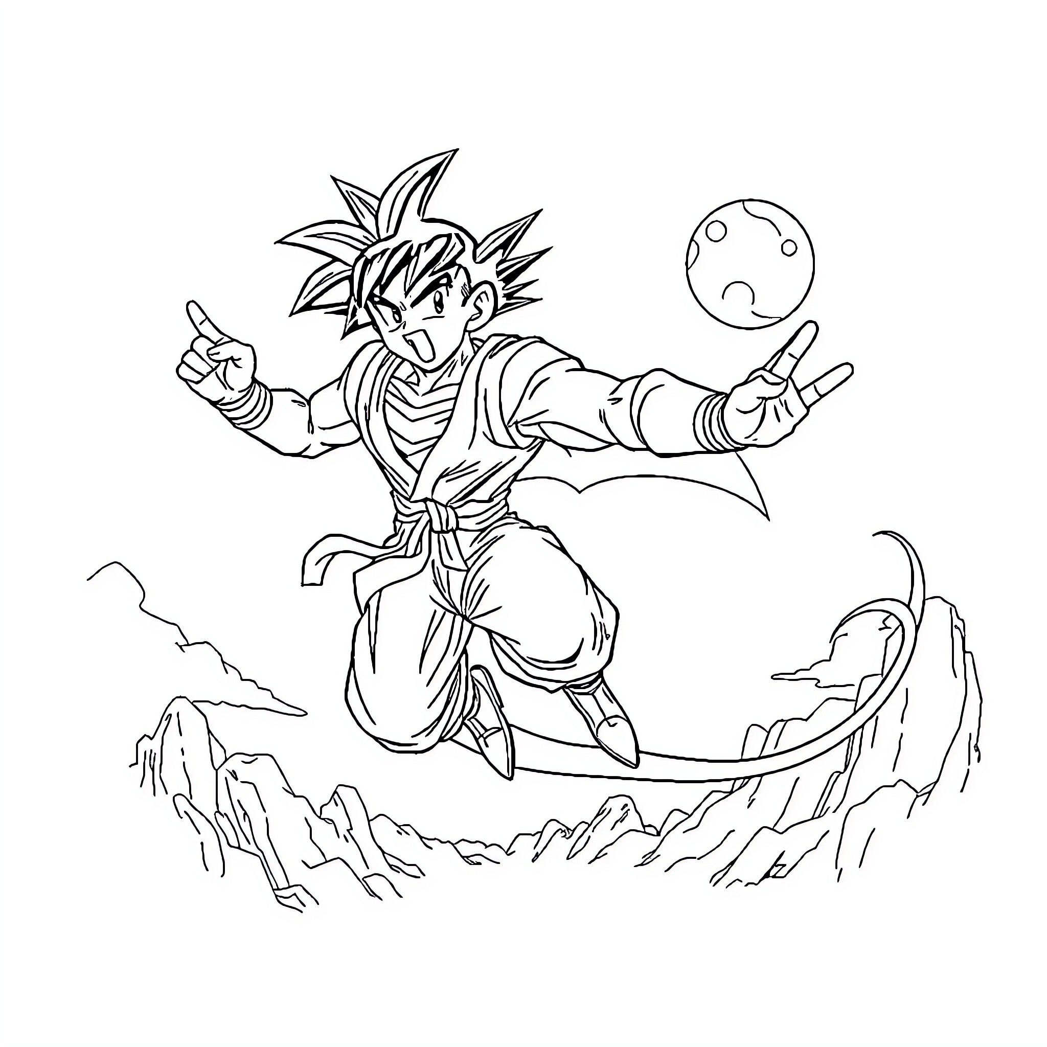 Dragonball character taking action pose in the sky Coloring Page (free black-and-white line drawing printable PDF for all, from beginners to advanced learners, including children, teens, adults, and seniors)