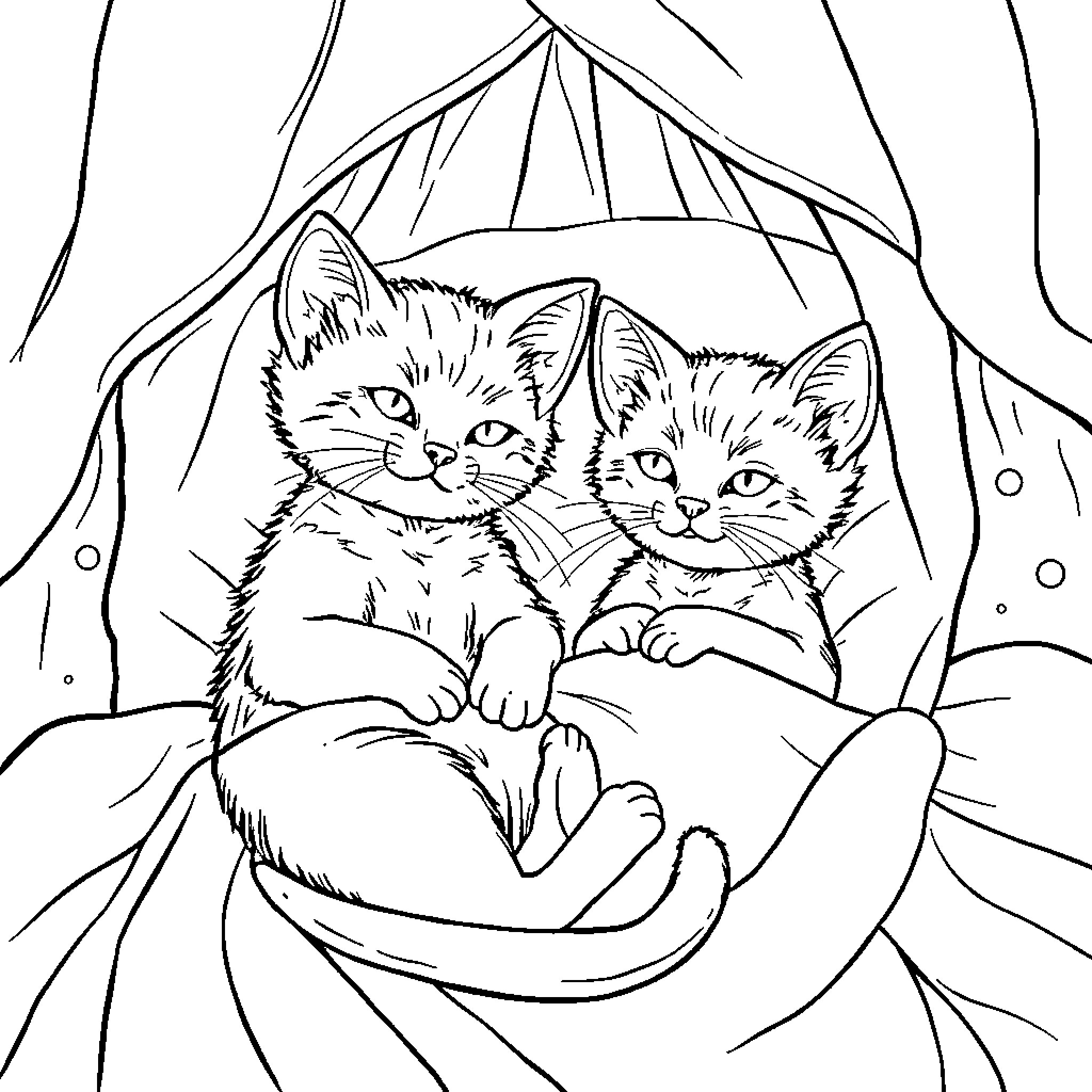 Kittens snuggling in a cozy bed Coloring Page (free black-and-white line drawing printable PDF for all, from beginners to advanced learners, including children, teens, adults, and seniors)