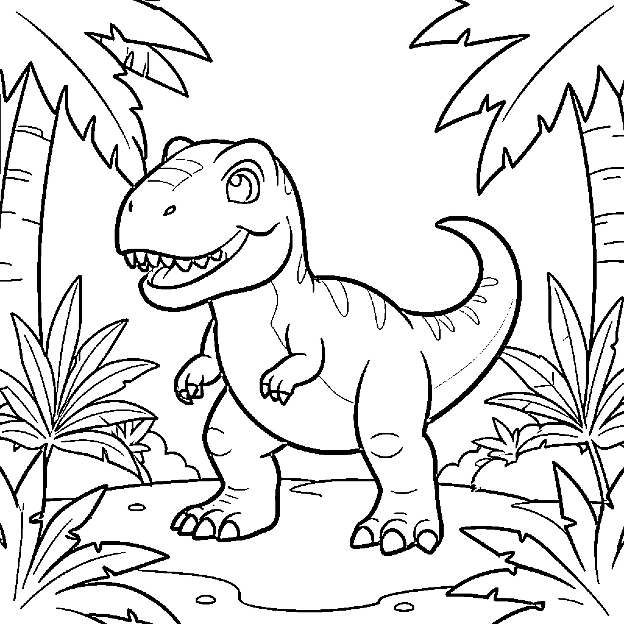 Baby T-Rex walking through a tropical jungle Coloring Page (free black-and-white line drawing printable PDF for all, from beginners to advanced learners, including children, teens, adults, and seniors)