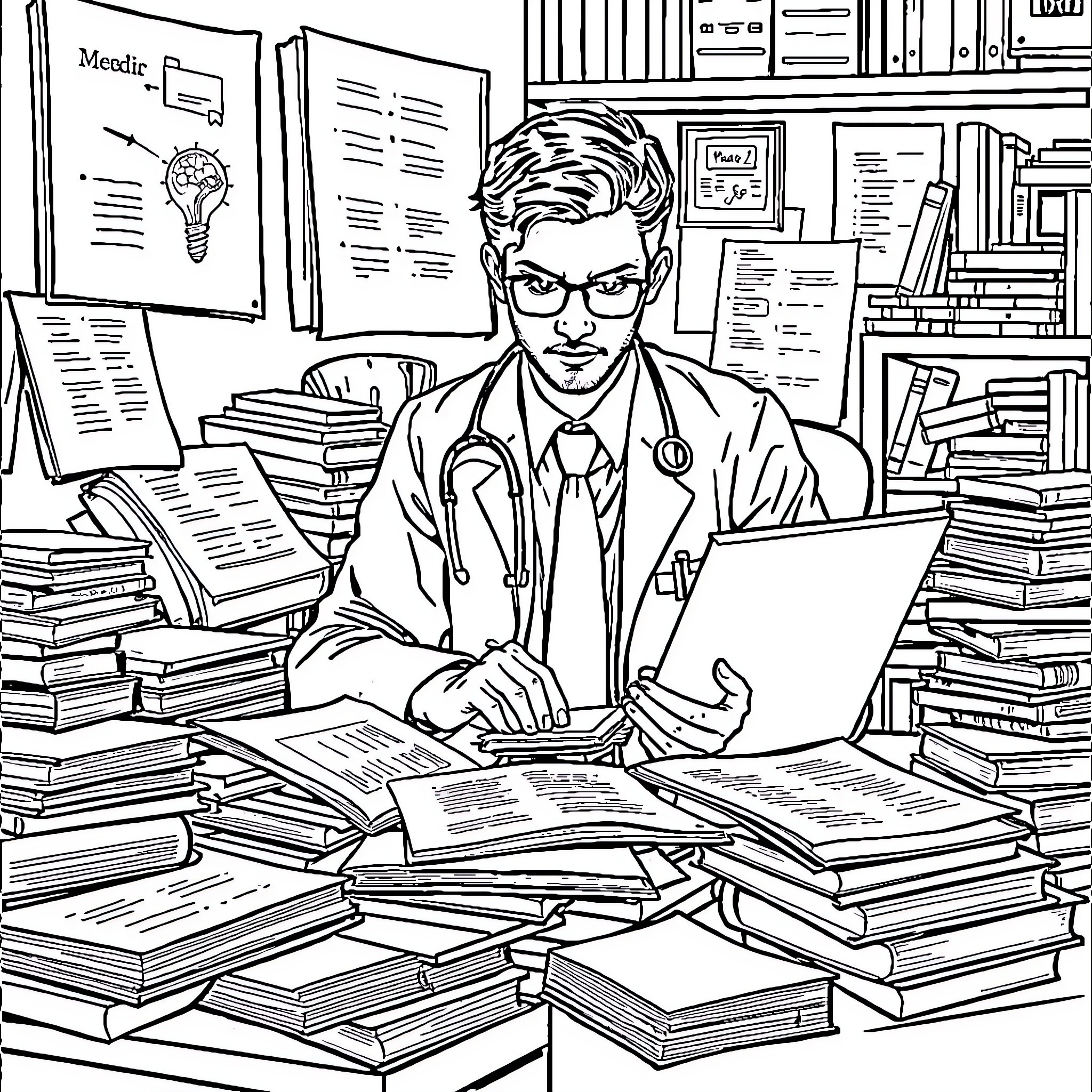 Medical Student Studying Diligently in Library Coloring Page (free black-and-white line drawing printable PDF for all, from beginners to advanced learners, including children, teens, adults, and seniors)