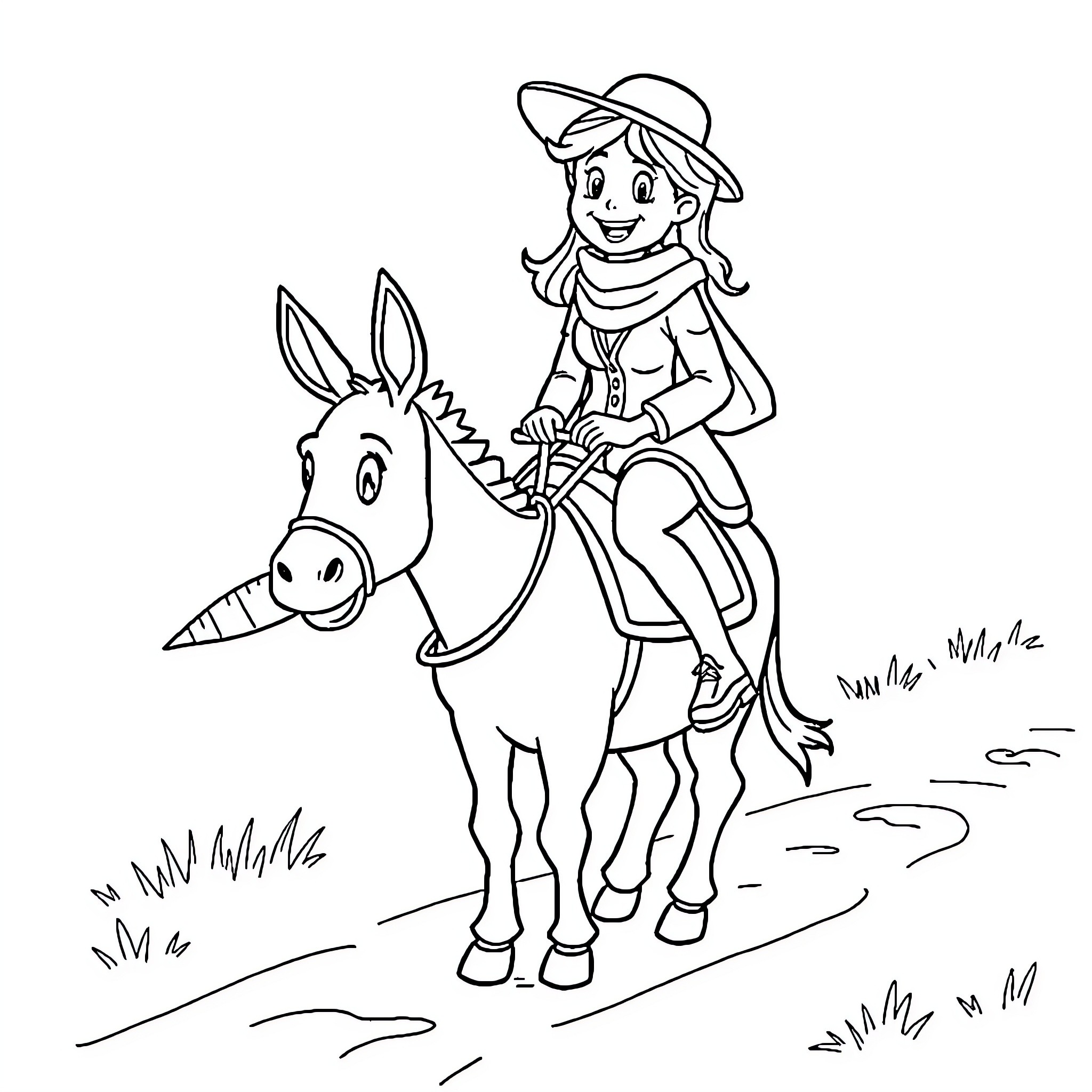 Teacher riding a donkey in the countryside Coloring Page (free black-and-white line drawing printable PDF for all, from beginners to advanced learners, including children, teens, adults, and seniors)