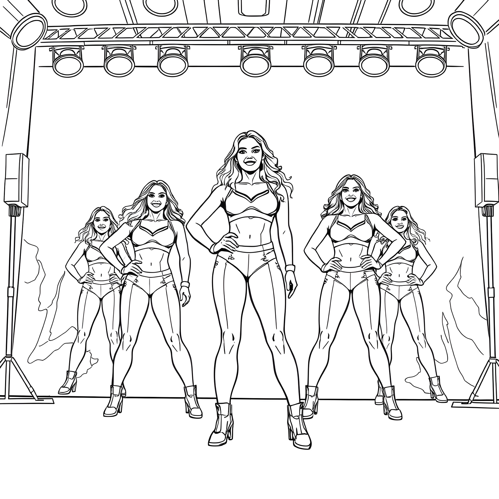 Natalie Nunn and her dance crew performing on stage Coloring Page (free black-and-white line drawing printable PDF for all, from beginners to advanced learners, including children, teens, adults, and seniors)