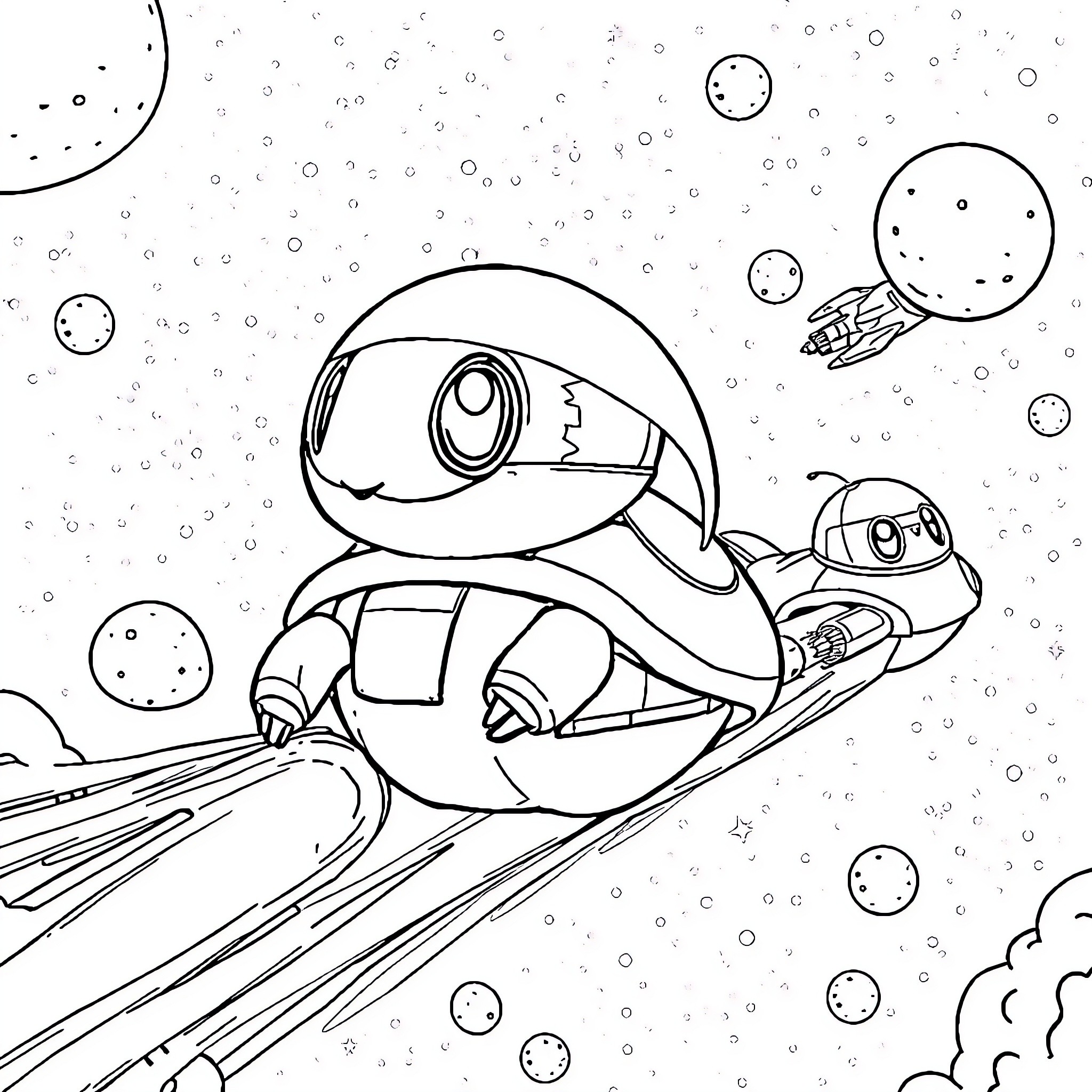 Paw Patrol Space Adventure Coloring Page (free black-and-white line drawing printable PDF for all, from beginners to advanced learners, including children, teens, adults, and seniors)