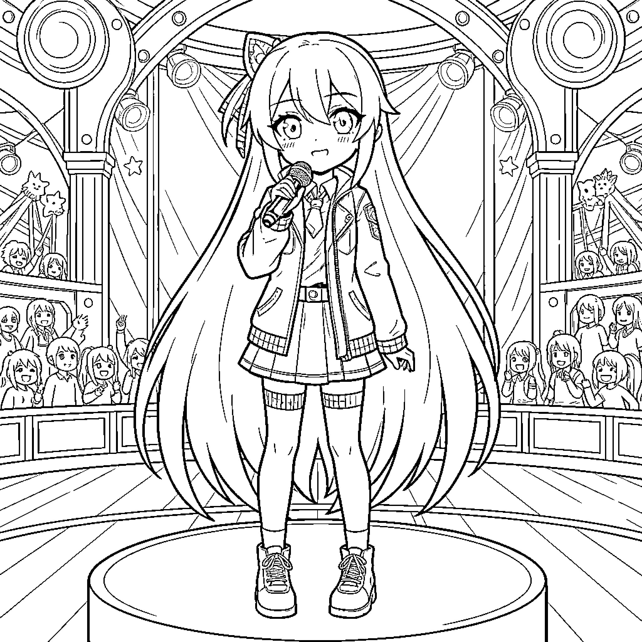 Kasane Teto performing on stage with a microphone Coloring Page (free black-and-white line drawing printable PDF for all, from beginners to advanced learners, including children, teens, adults, and seniors)