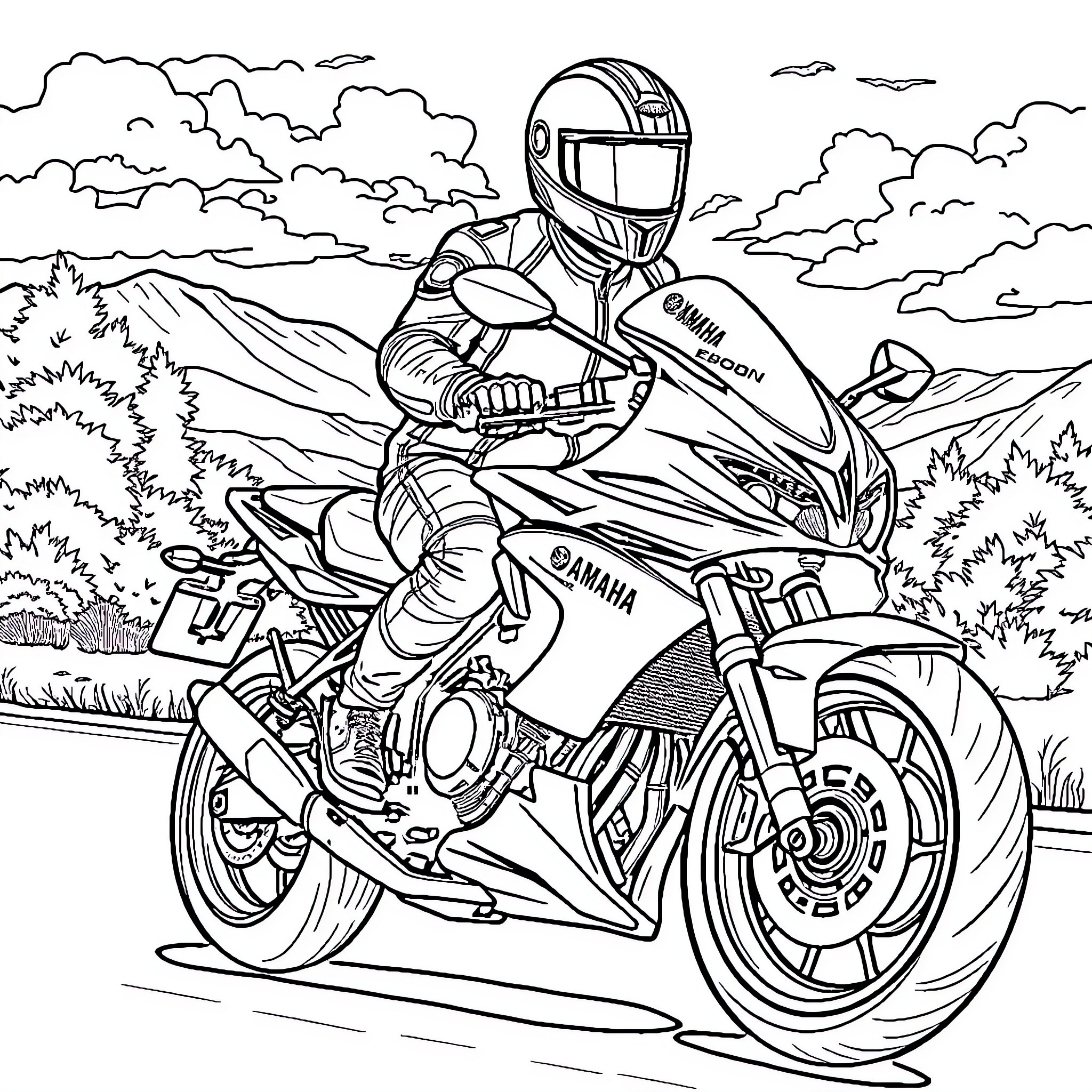 Motorcyclist speeding through countryside landscape Coloring Page (free black-and-white line drawing printable PDF for all, from beginners to advanced learners, including children, teens, adults, and seniors)