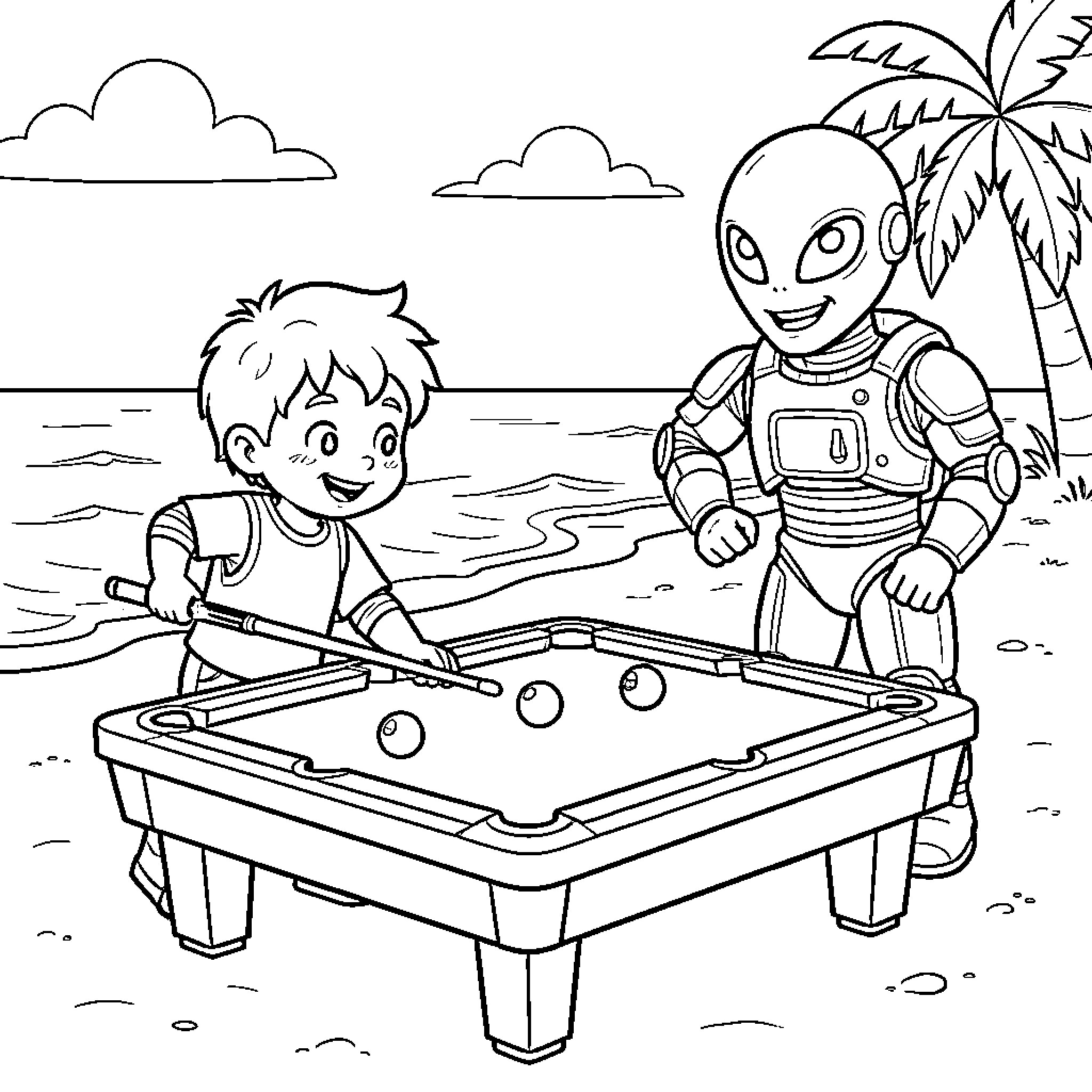 Niño playing pool with an alien on the beach Coloring Page (free black-and-white line drawing printable PDF for all, from beginners to advanced learners, including children, teens, adults, and seniors)