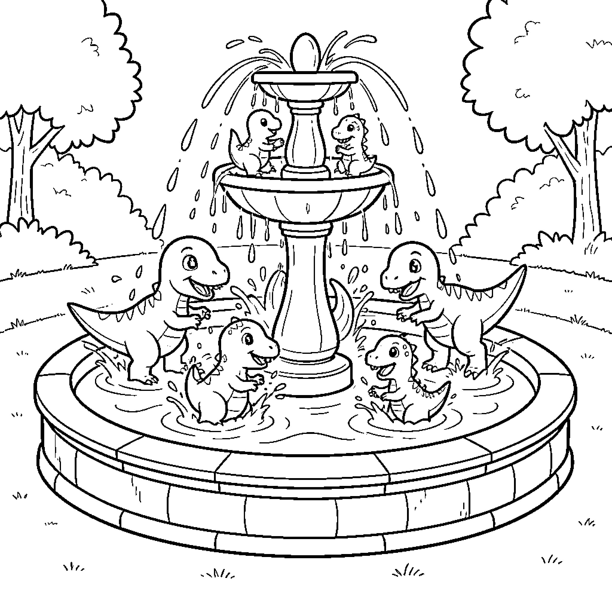 Dinosaur characters playing and splashing in a water fountain Coloring Page (free black-and-white line drawing printable PDF for all, from beginners to advanced learners, including children, teens, adults, and seniors)
