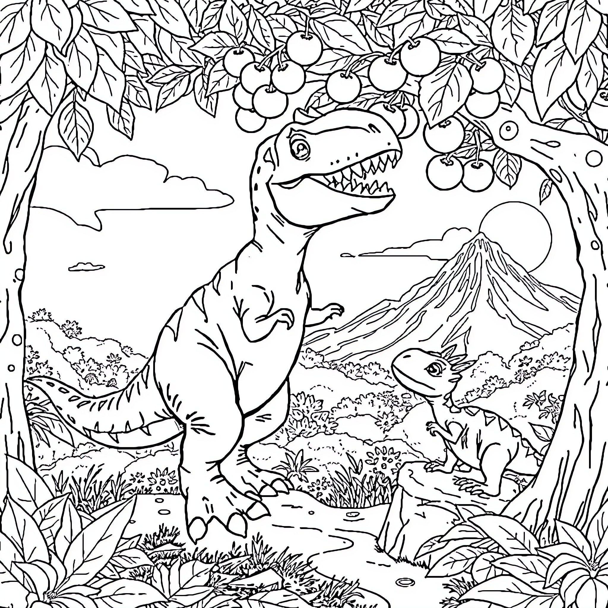 Tyrannosaurus in a prehistoric landscape Coloring Page (free black-and-white line drawing printable PDF for all, from beginners to advanced learners, including children, teens, adults, and seniors)