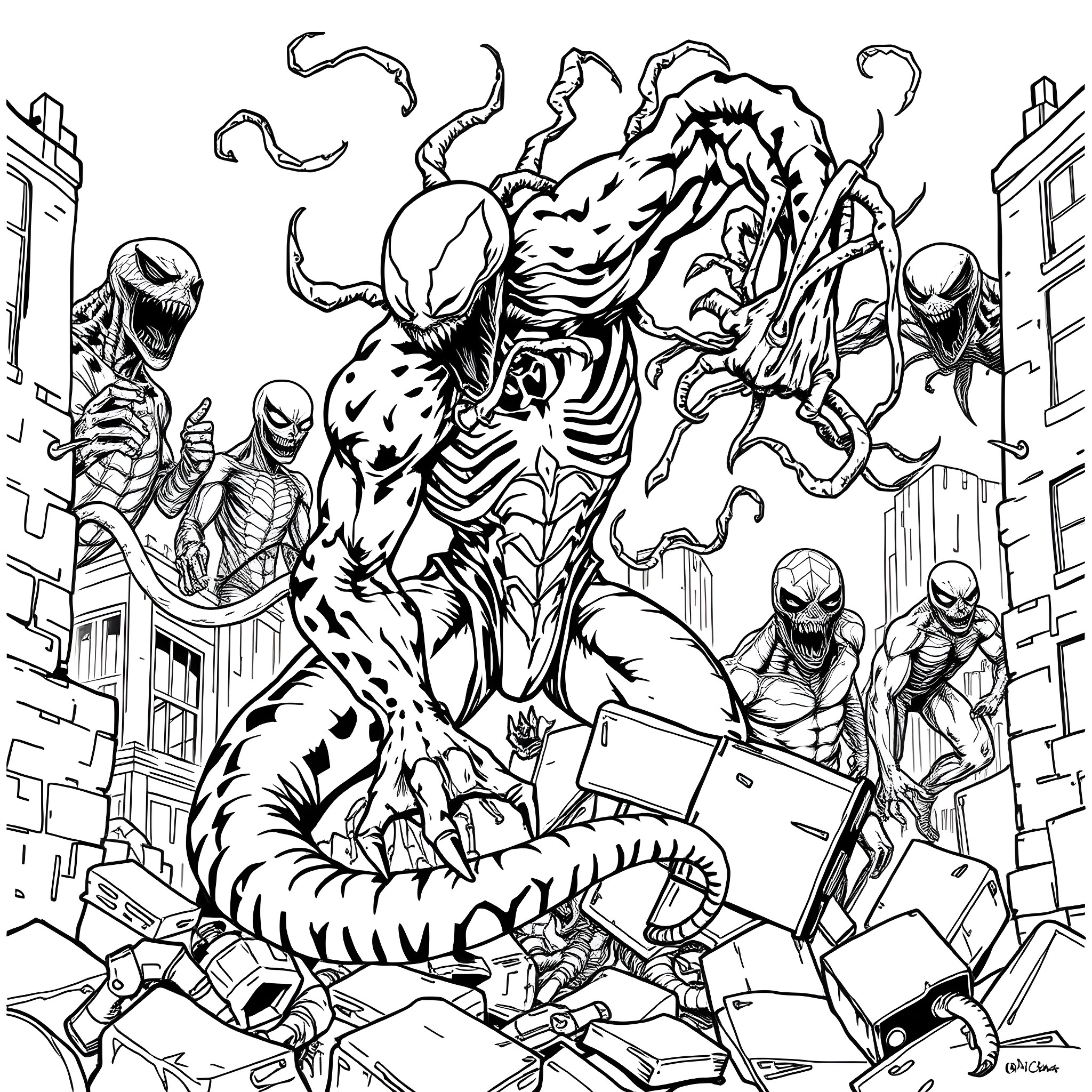 Carnage of Monstrous Creatures Wreaking Havoc in the City Coloring Page (free black-and-white line drawing printable PDF for all, from beginners to advanced learners, including children, teens, adults, and seniors)
