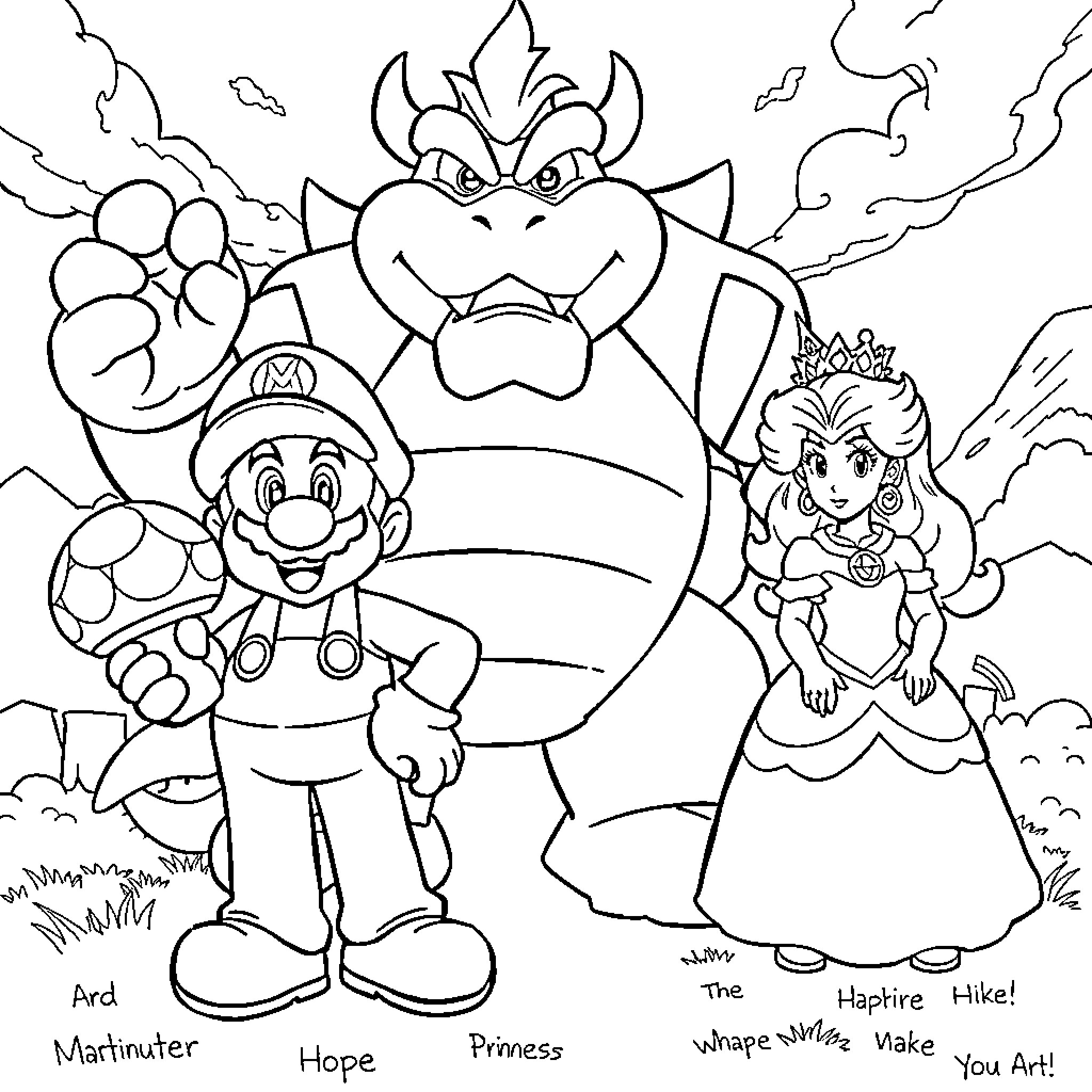 Super Mario Heroes Challenge the Mighty Bowser Coloring Page (free black-and-white line drawing printable PDF for all, from beginners to advanced learners, including children, teens, adults, and seniors)