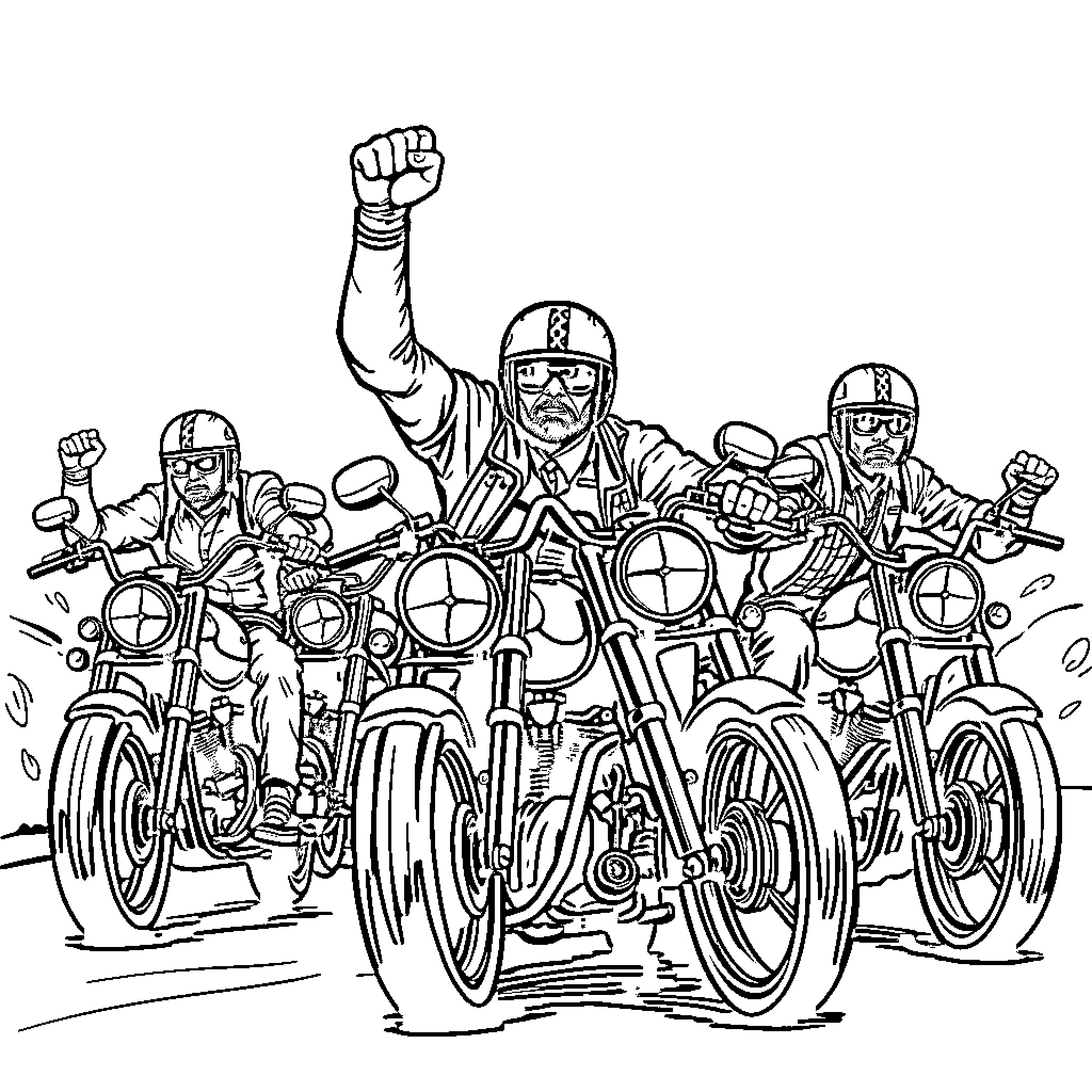 Motorcycle riders in a group with raised fists Coloring Page (free black-and-white line drawing printable PDF for all, from beginners to advanced learners, including children, teens, adults, and seniors)
