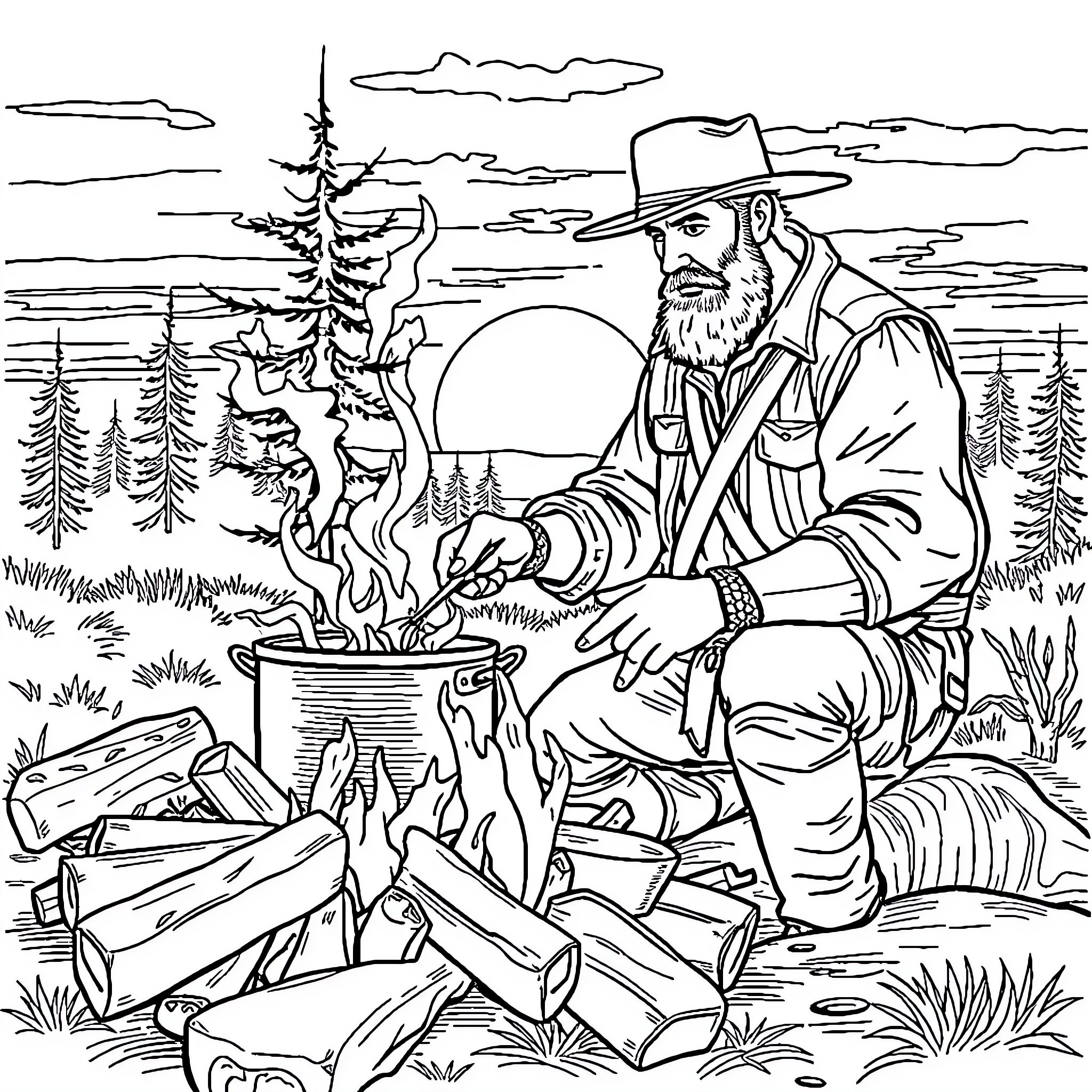 Arthur Morgan preparing a campfire in the wilderness Coloring Page (free black-and-white line drawing printable PDF for all, from beginners to advanced learners, including children, teens, adults, and seniors)