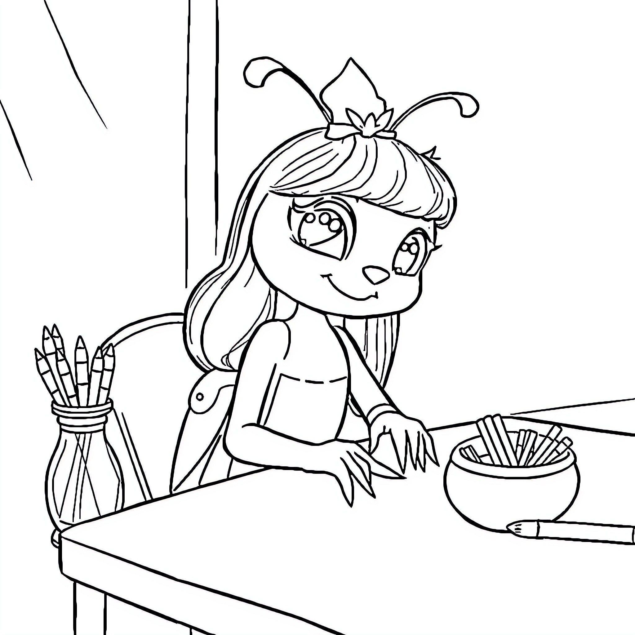 Stella's Creative Arts and Crafts Time Coloring Page (free black-and-white line drawing printable PDF for all, from beginners to advanced learners, including children, teens, adults, and seniors)