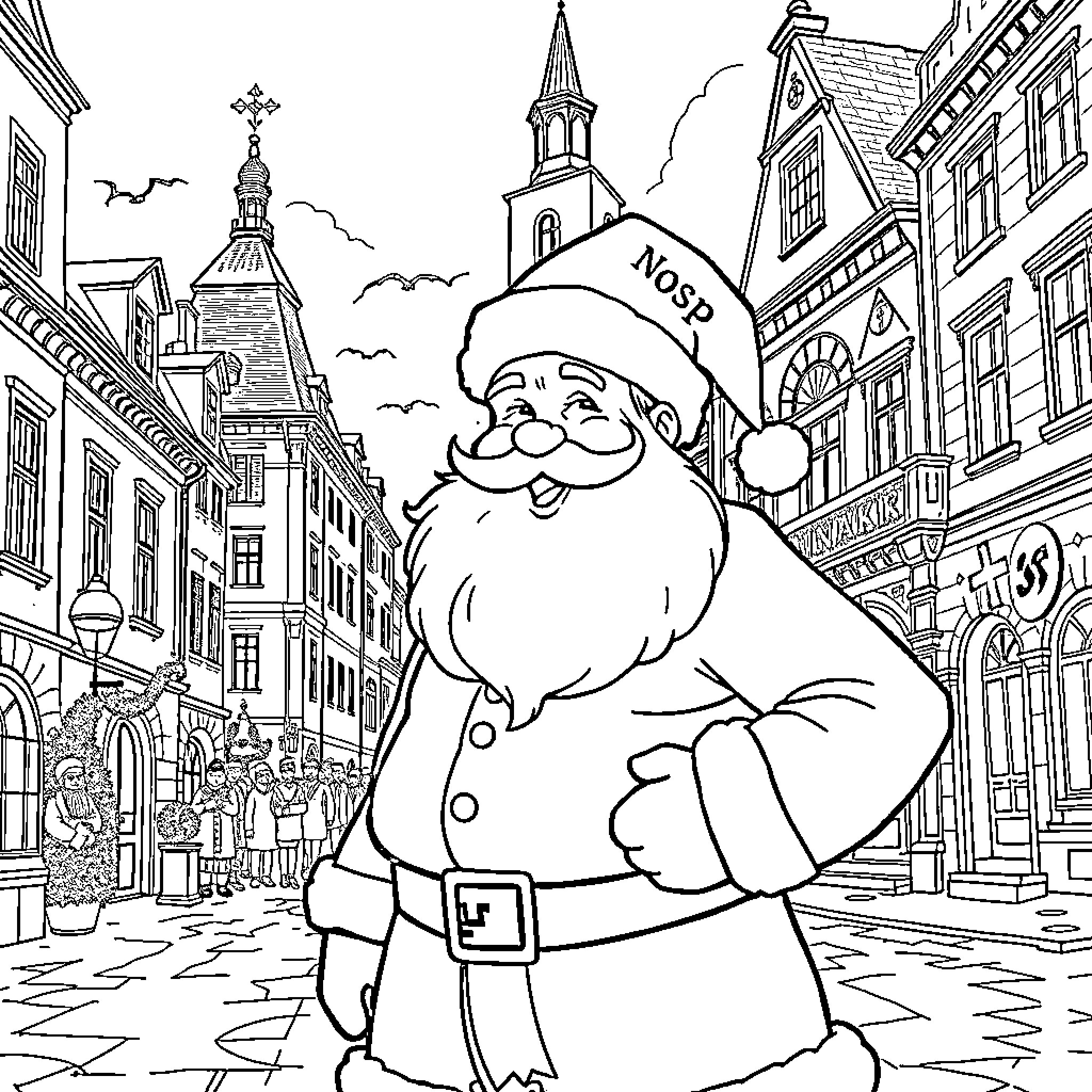 Santa Claus strolling through a snowy city street Coloring Page (free black-and-white line drawing printable PDF for all, from beginners to advanced learners, including children, teens, adults, and seniors)
