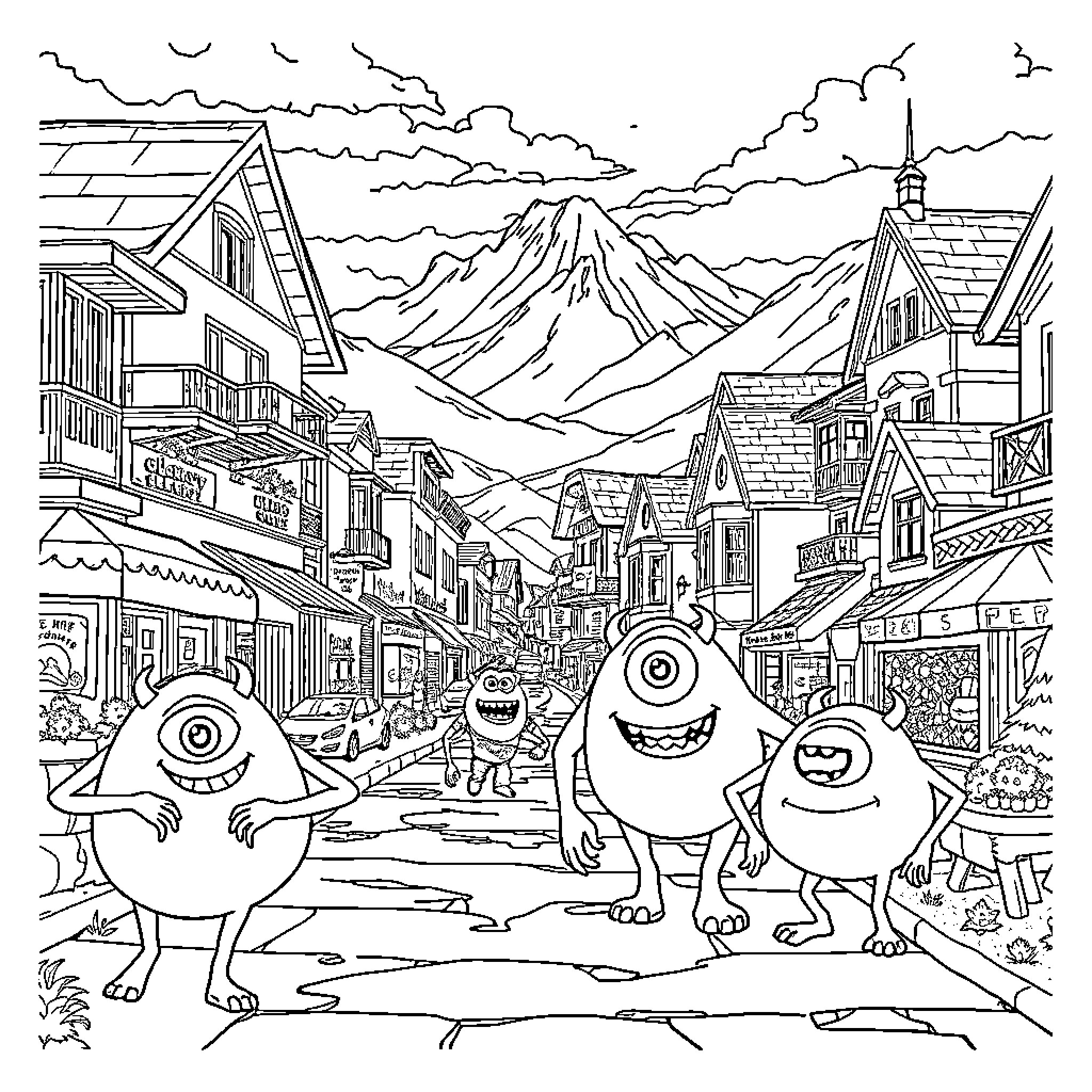 Monster Creatures Exploring a Whimsical Town Coloring Page (free black-and-white line drawing printable PDF for all, from beginners to advanced learners, including children, teens, adults, and seniors)