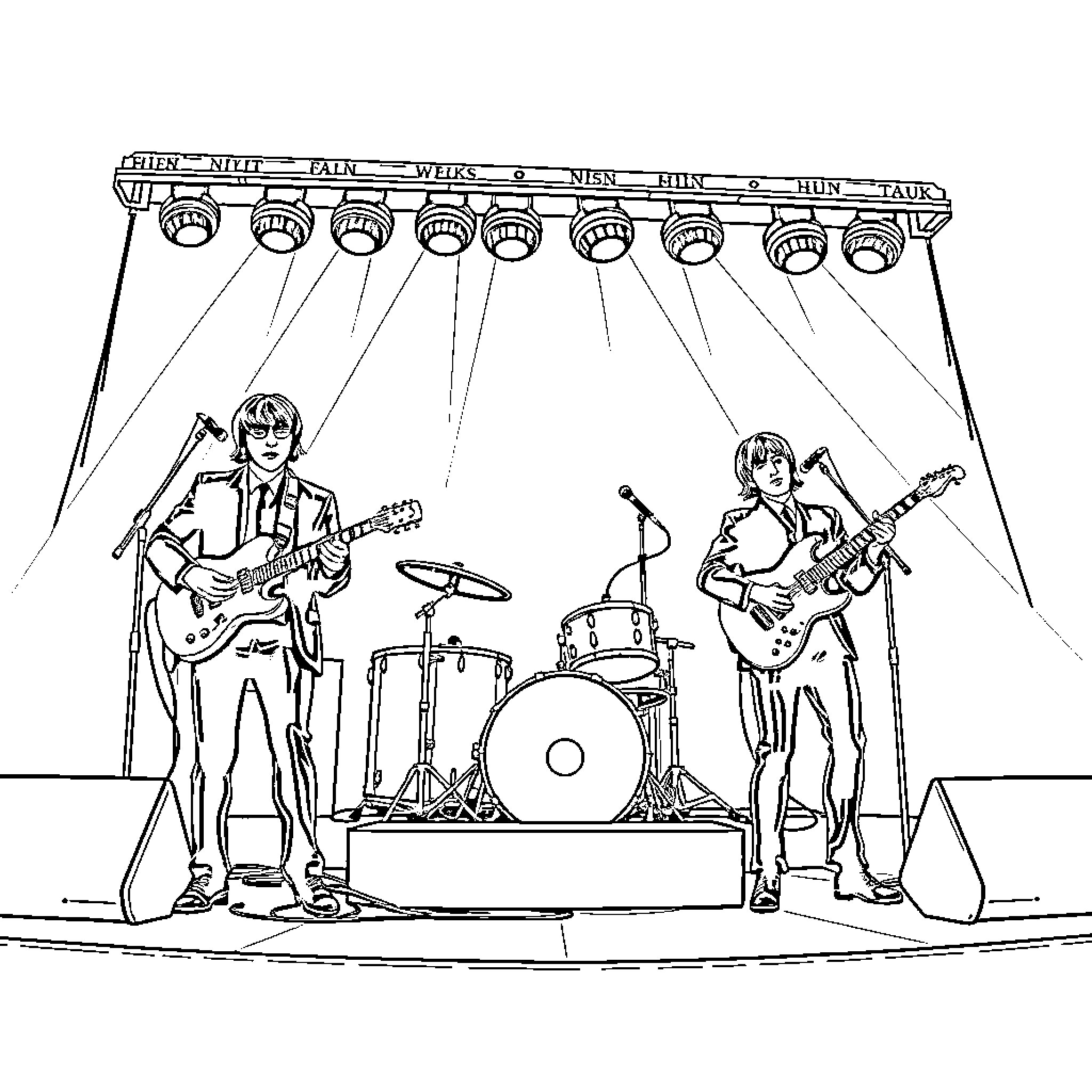 Beatles Performing Live on Stage with Instruments Coloring Page (free black-and-white line drawing printable PDF for all, from beginners to advanced learners, including children, teens, adults, and seniors)