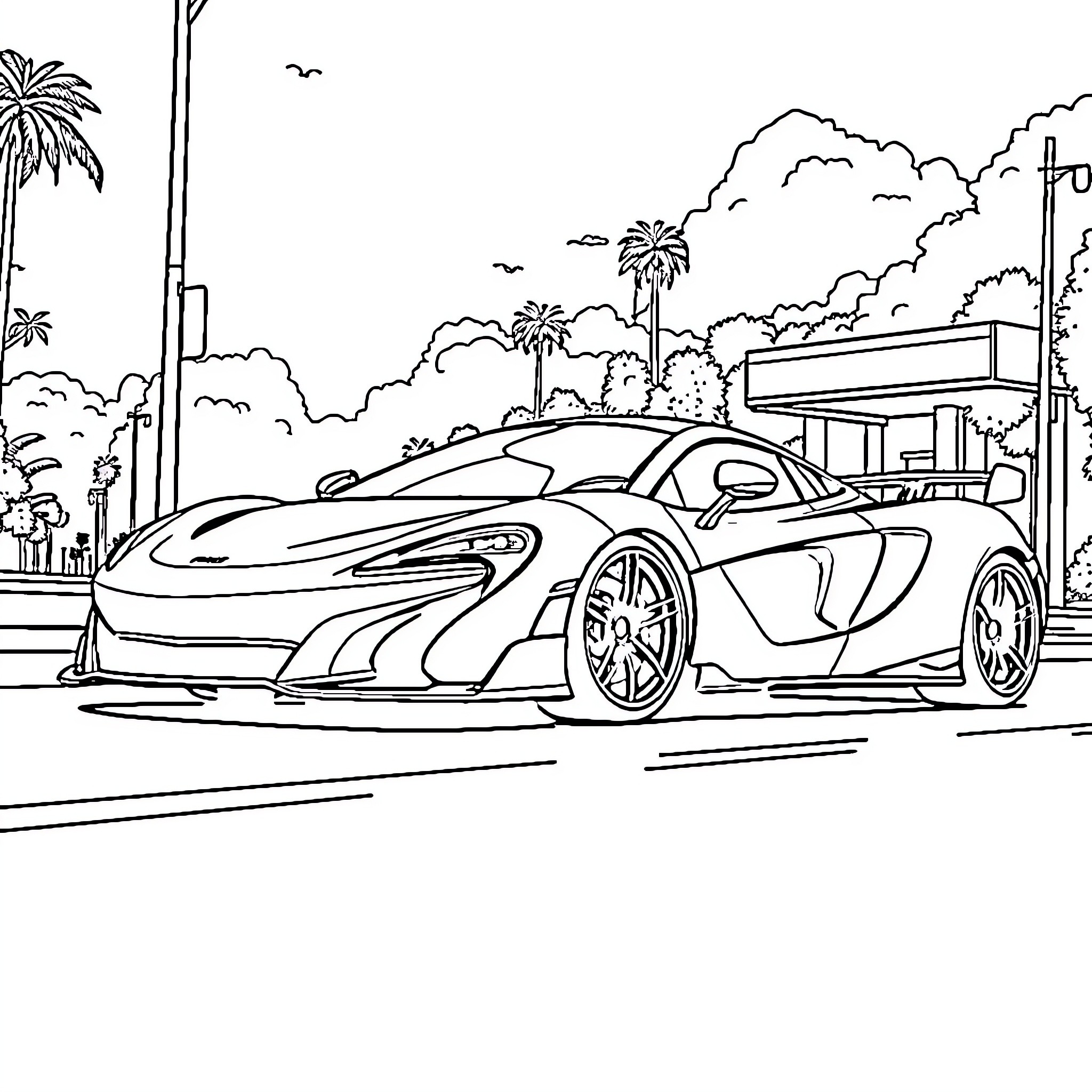 McLaren supercar in tropical cityscape Coloring Page (free black-and-white line drawing printable PDF for all, from beginners to advanced learners, including children, teens, adults, and seniors)