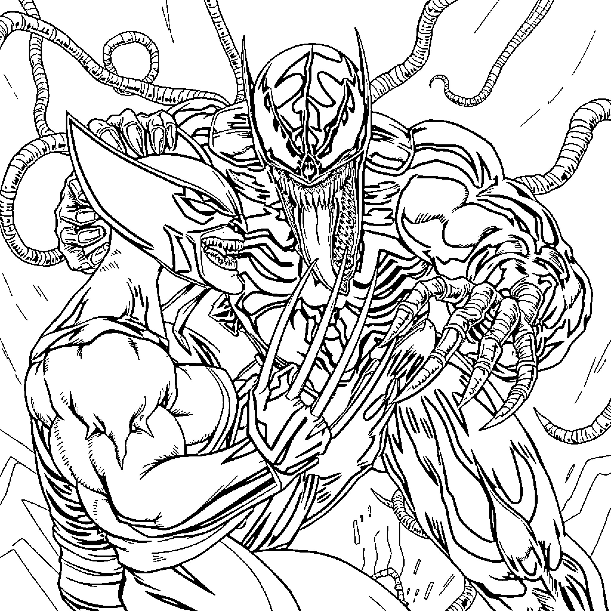 Wolverine in Intense Alien Encounter Coloring Page (free black-and-white line drawing printable PDF for all, from beginners to advanced learners, including children, teens, adults, and seniors)