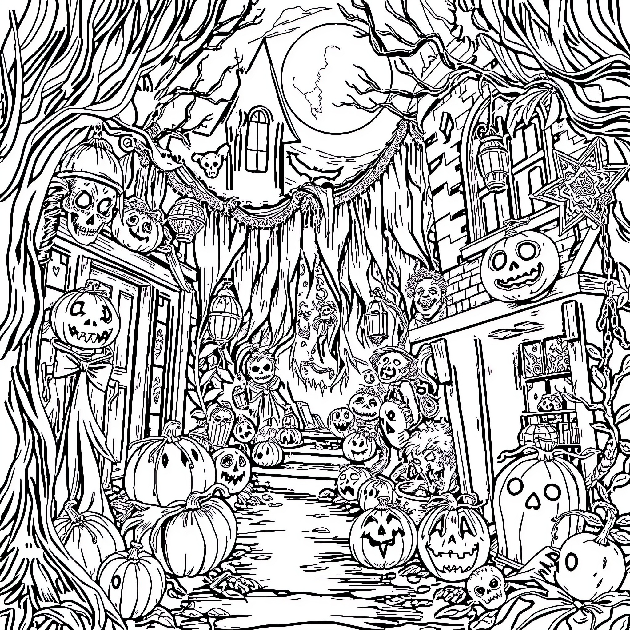 Horror Night Scene with Spooky Figures and Pumpkins Coloring Page (free black-and-white line drawing printable PDF for all, from beginners to advanced learners, including children, teens, adults, and seniors)