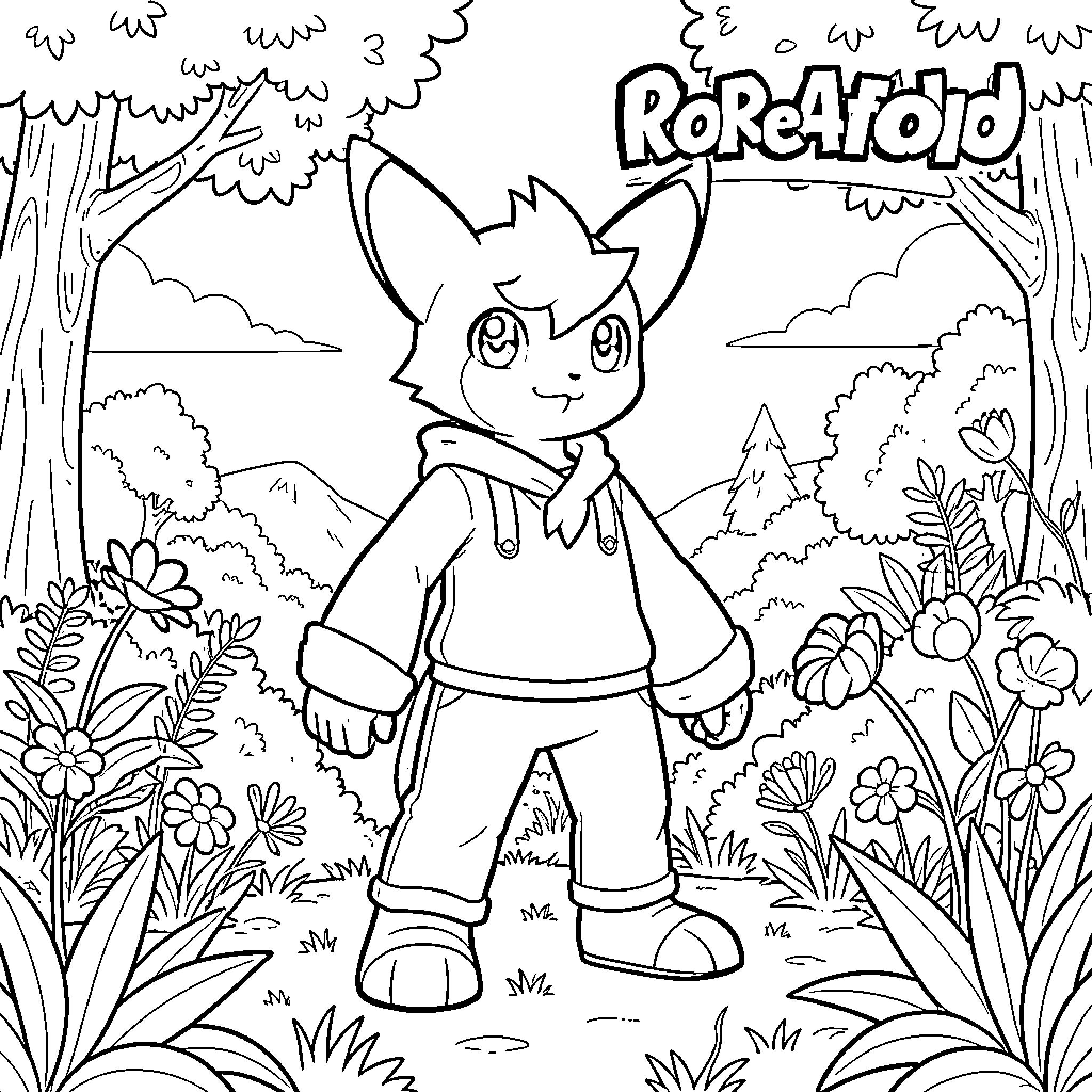 Koraidon wearing a hoodie standing in a flowery meadow Coloring Page (free black-and-white line drawing printable PDF for all, from beginners to advanced learners, including children, teens, adults, and seniors)