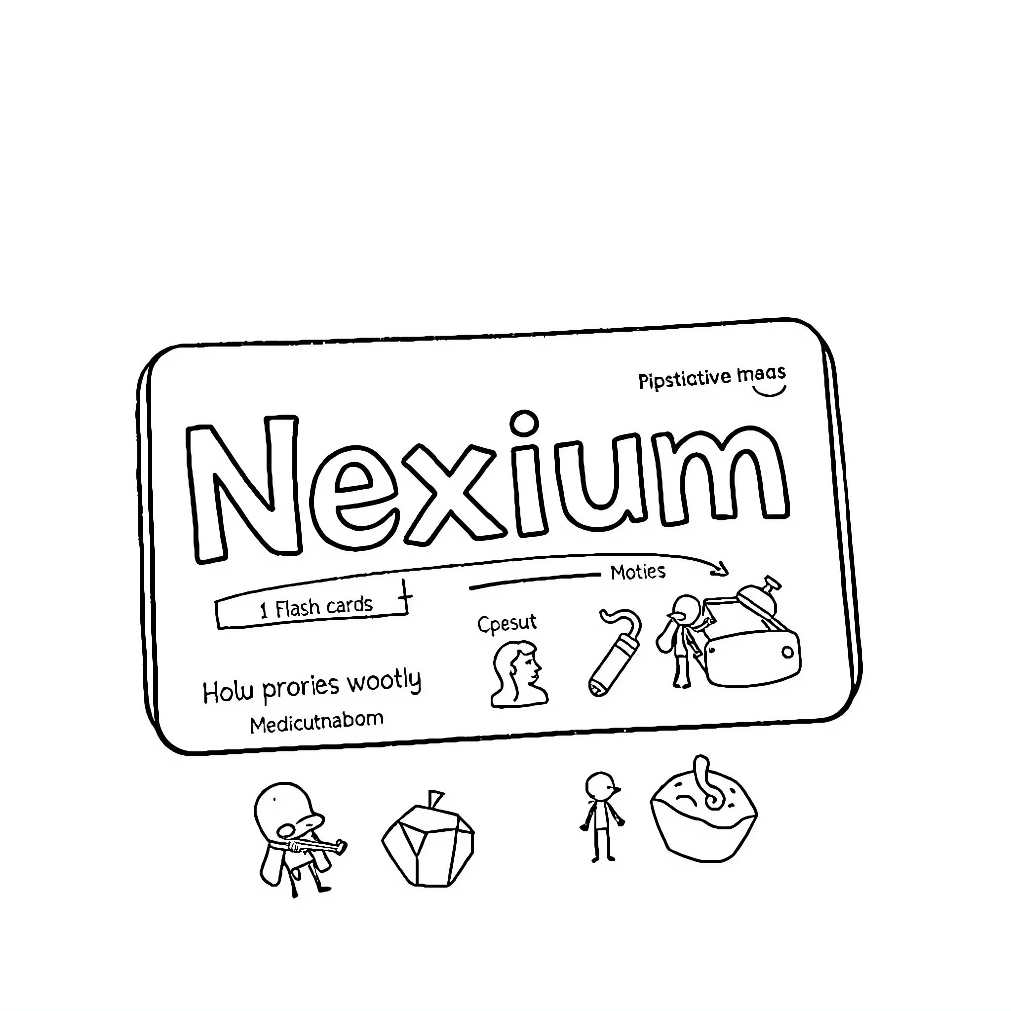 Nexium: Wacky Medicinal Imagery Coloring Page (free black-and-white line drawing printable PDF for all, from beginners to advanced learners, including children, teens, adults, and seniors)