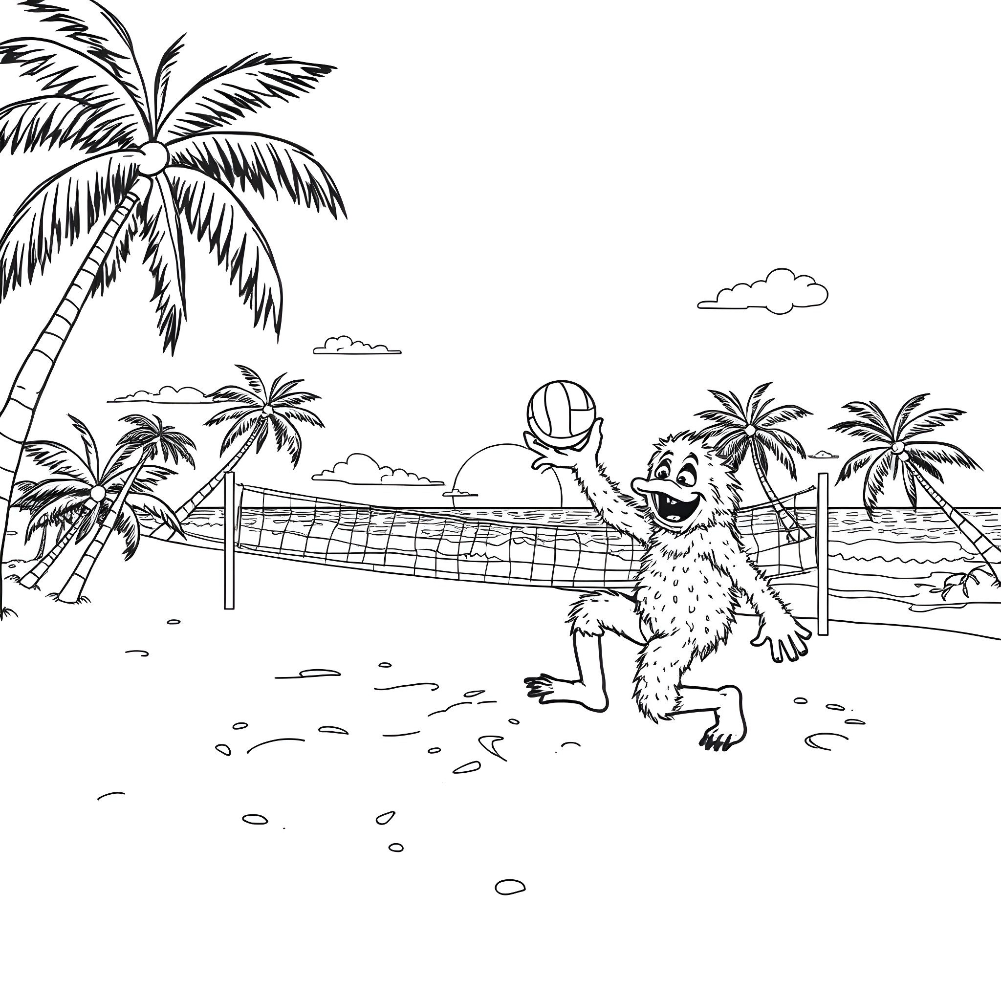 Swampthing playing beach volleyball on a tropical island Coloring Page (free black-and-white line drawing printable PDF for all, from beginners to advanced learners, including children, teens, adults, and seniors)